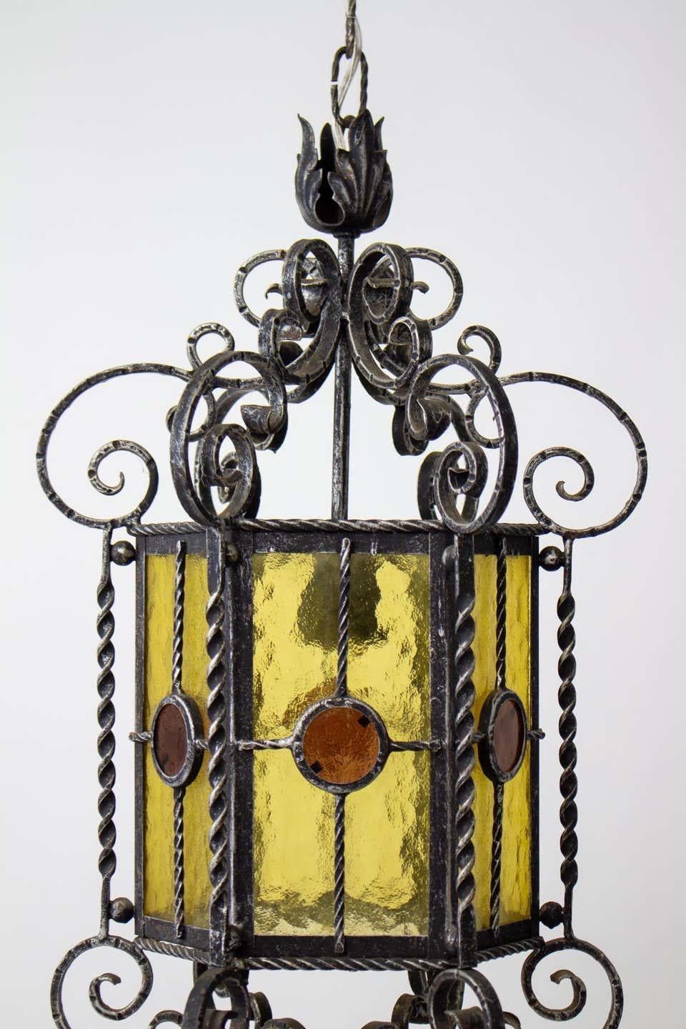 Wrought Iron & Stained Glass Italian Gothic Lanterns (2 available) For Sale 6