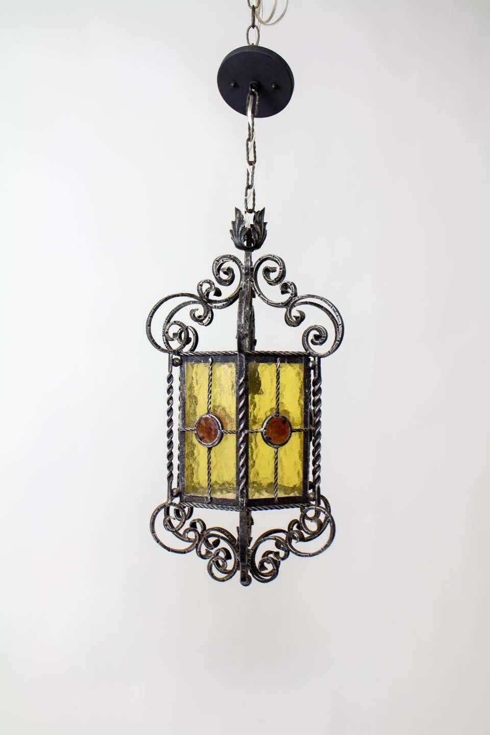 Wrought Iron & Stained Glass Italian Gothic Lanterns (2 available) For Sale 7