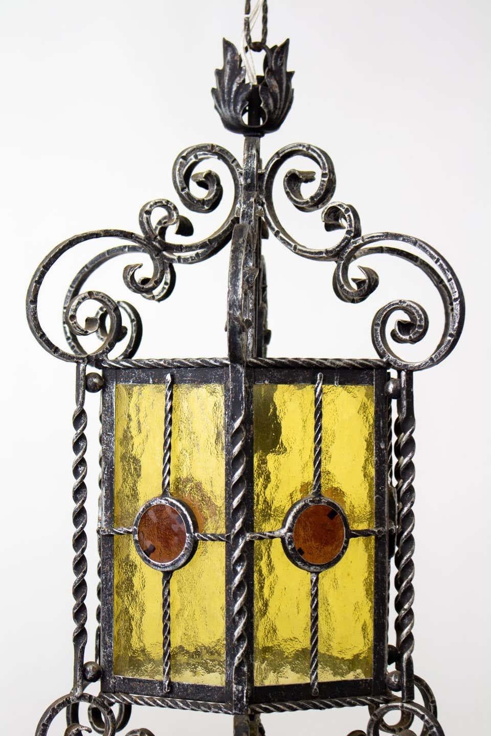 Wrought Iron & Stained Glass Italian Gothic Lanterns (2 available) For Sale 8