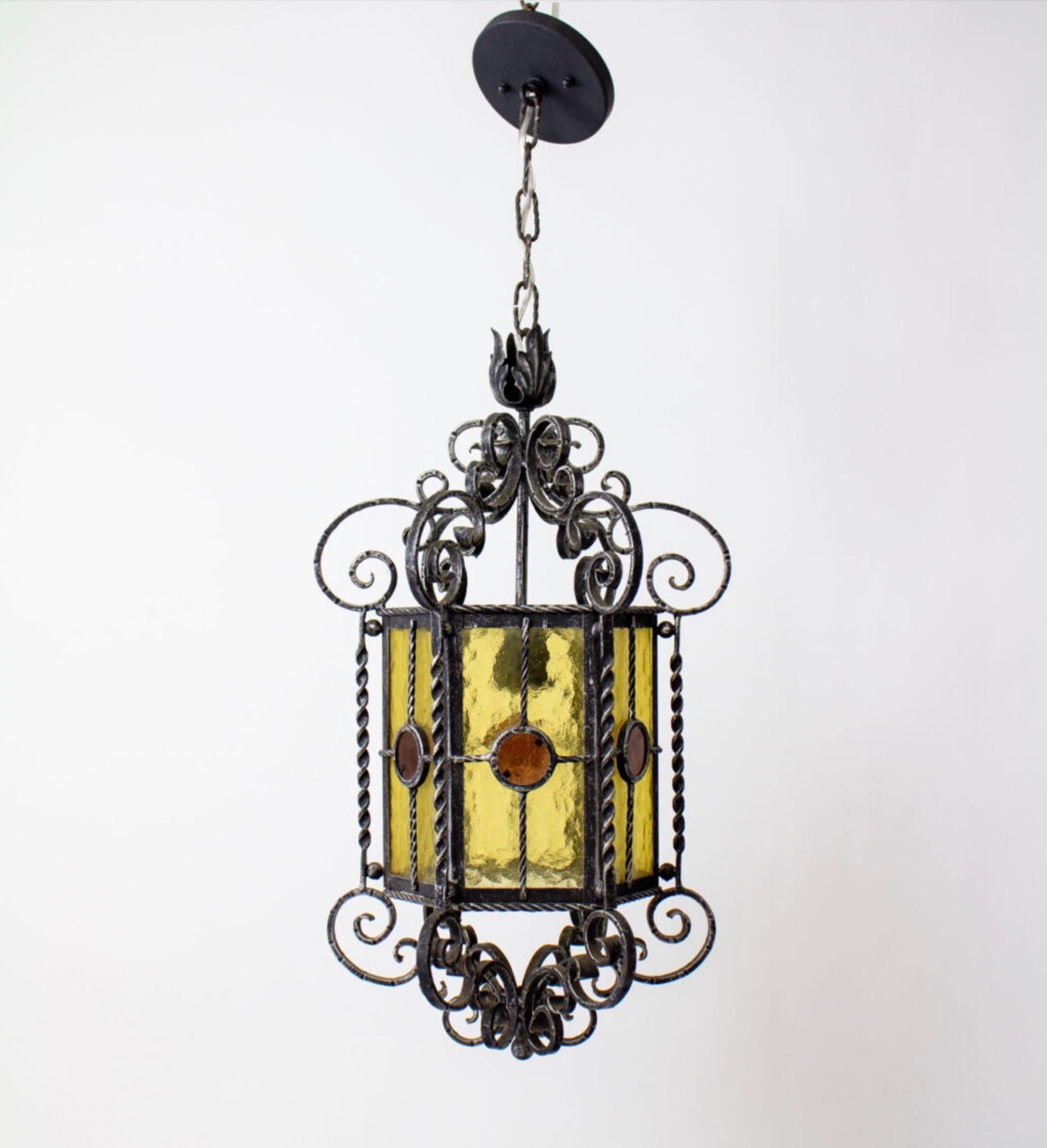 Wrought Iron & Stained Glass Italian Gothic Lanterns (2 available) For Sale 9