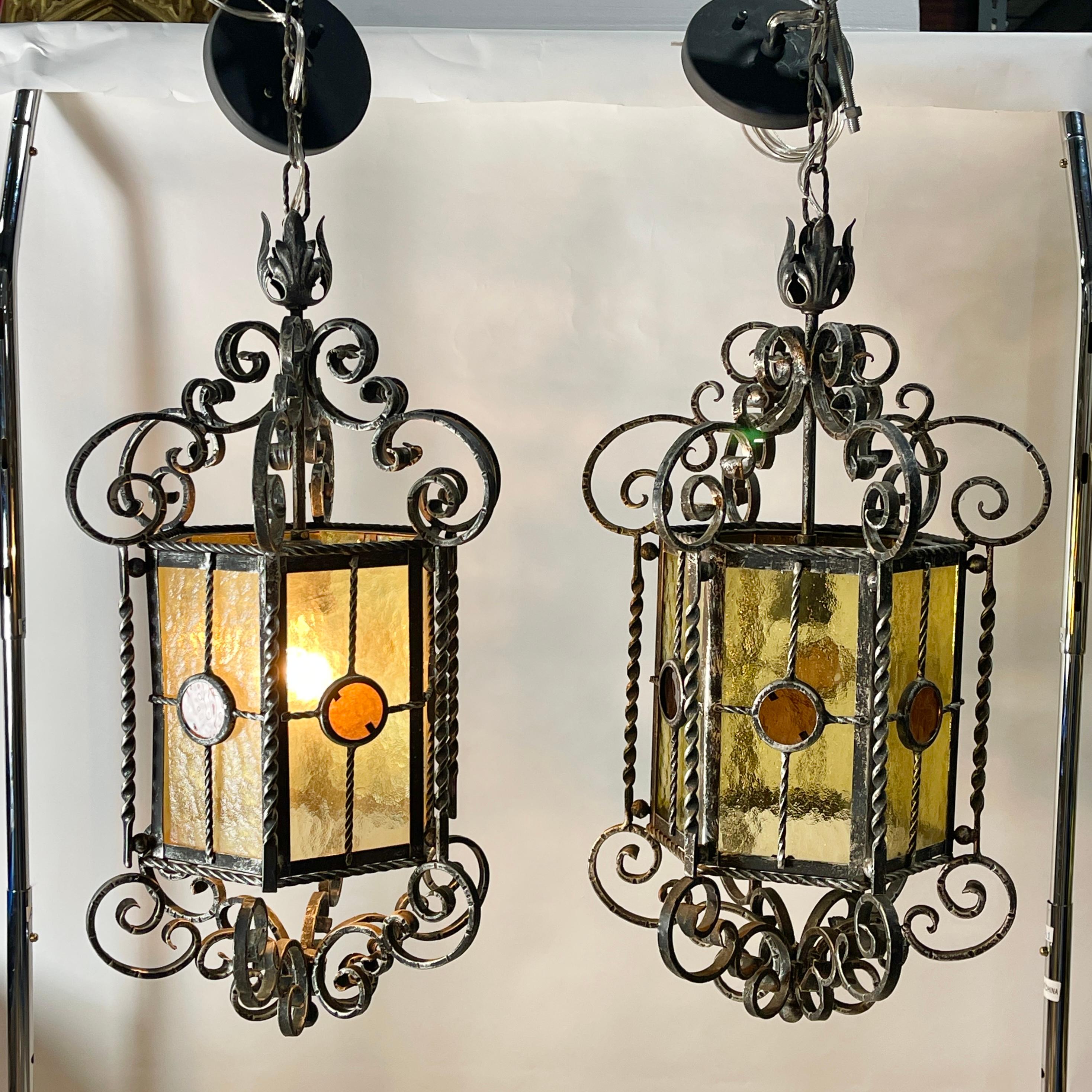 Gothic Revival Wrought Iron & Stained Glass Italian Gothic Lanterns (2 available) For Sale