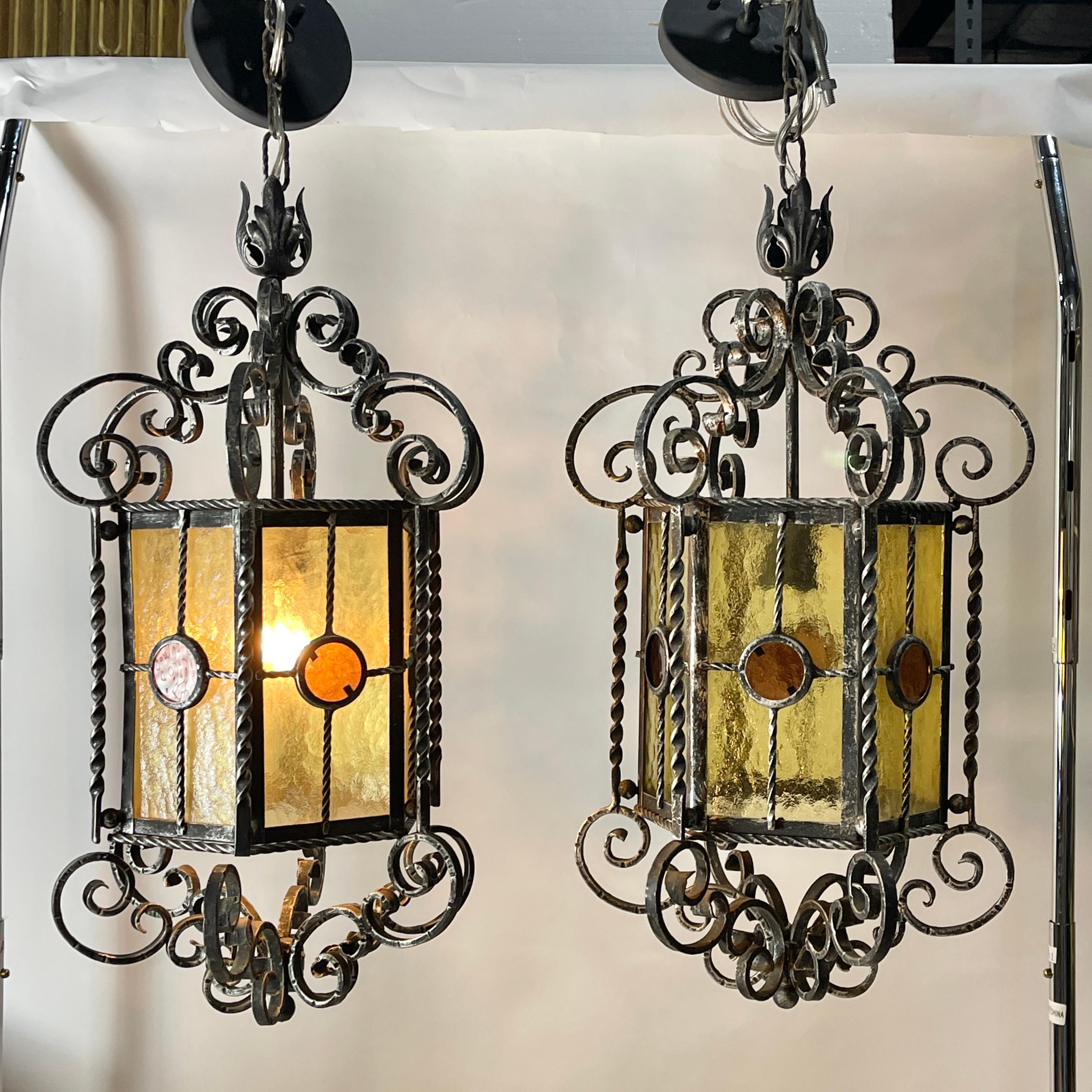 Wrought Iron & Stained Glass Italian Gothic Lanterns (2 available) In Good Condition For Sale In Hanover, MA