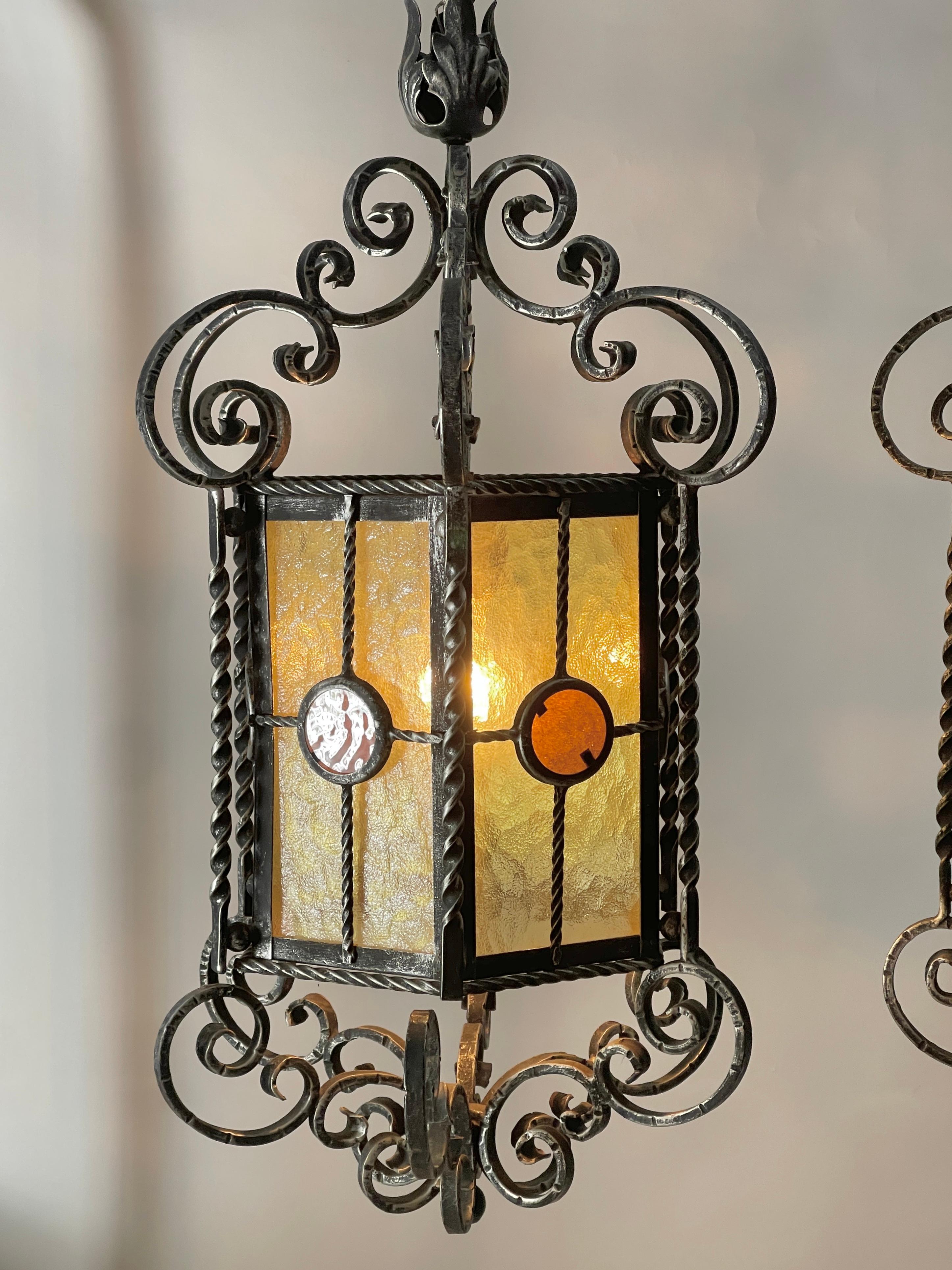 Mid-20th Century Wrought Iron & Stained Glass Italian Gothic Lanterns (2 available) For Sale