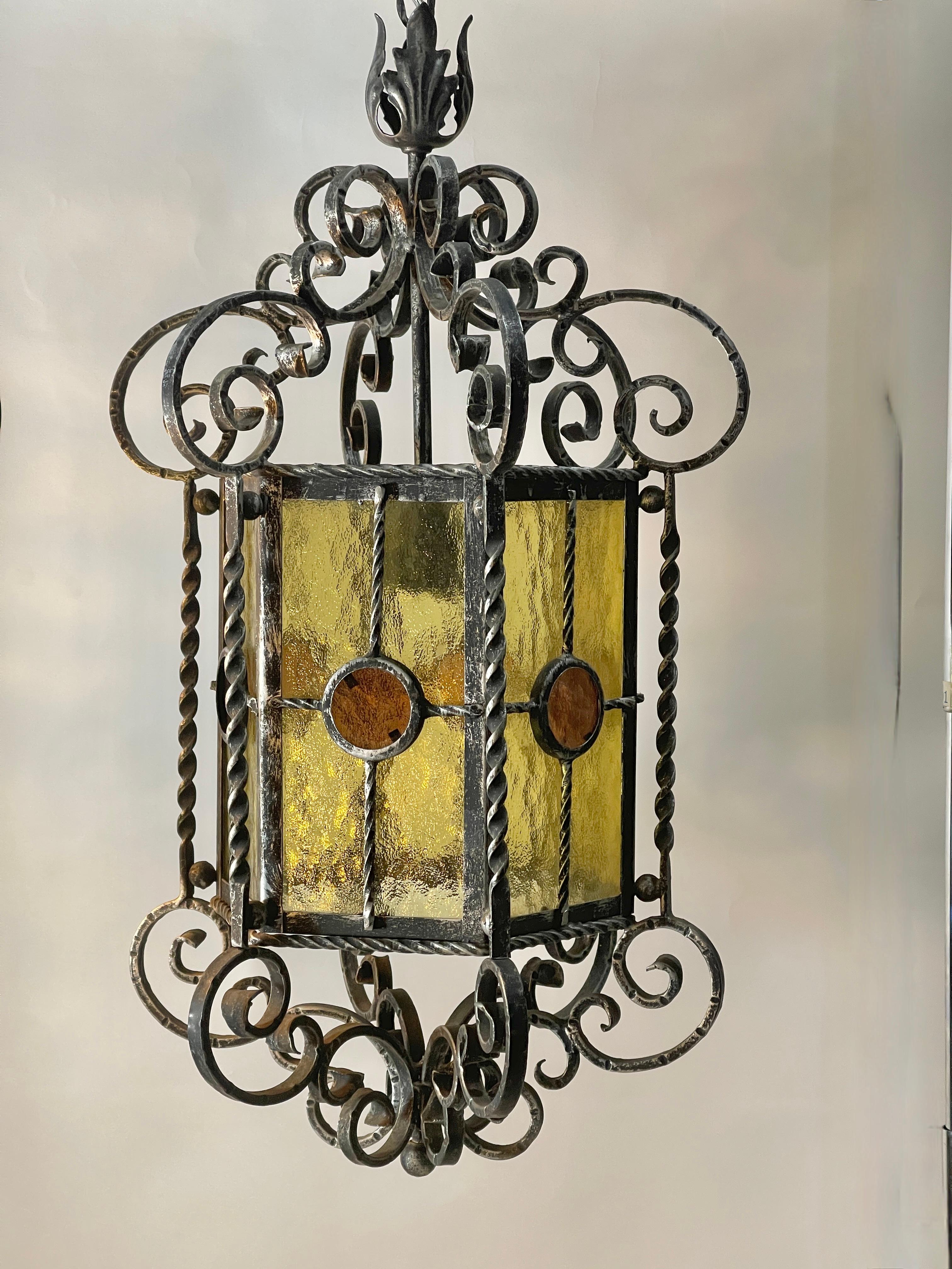 Wrought Iron & Stained Glass Italian Gothic Lanterns (2 available) For Sale 1