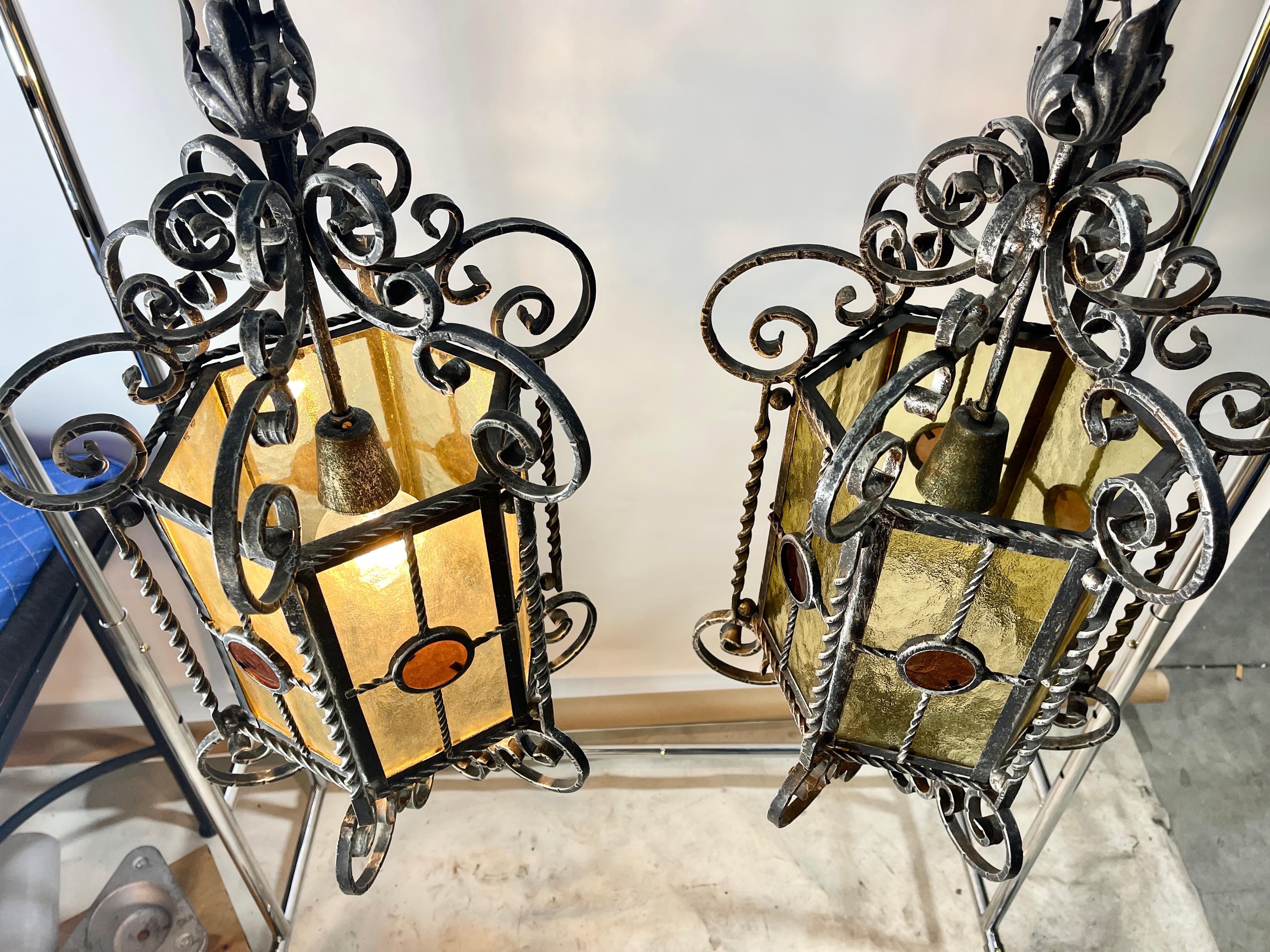 Wrought Iron & Stained Glass Italian Gothic Lanterns (2 available) For Sale 2