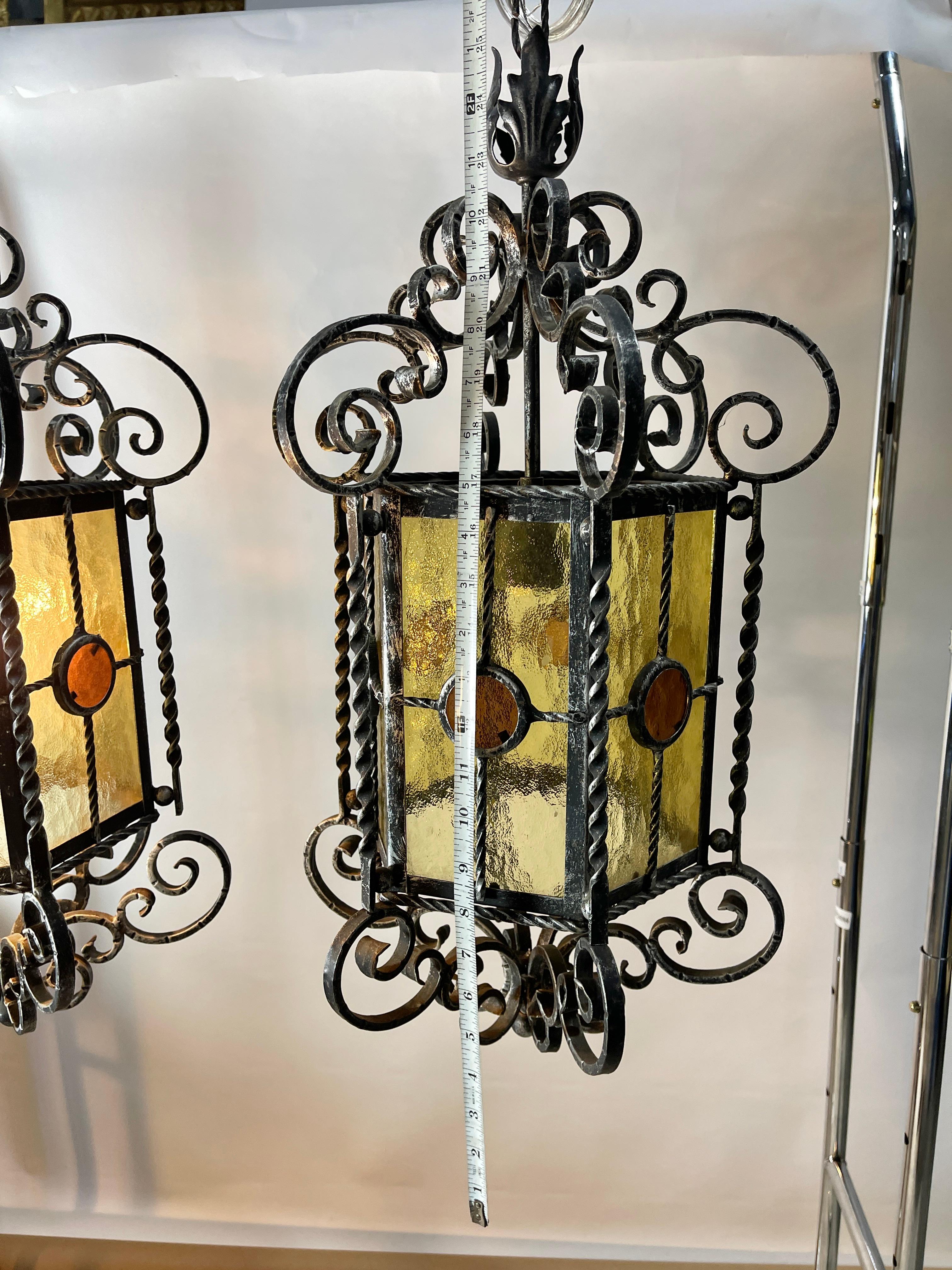 Wrought Iron & Stained Glass Italian Gothic Lanterns (2 available) For Sale 4
