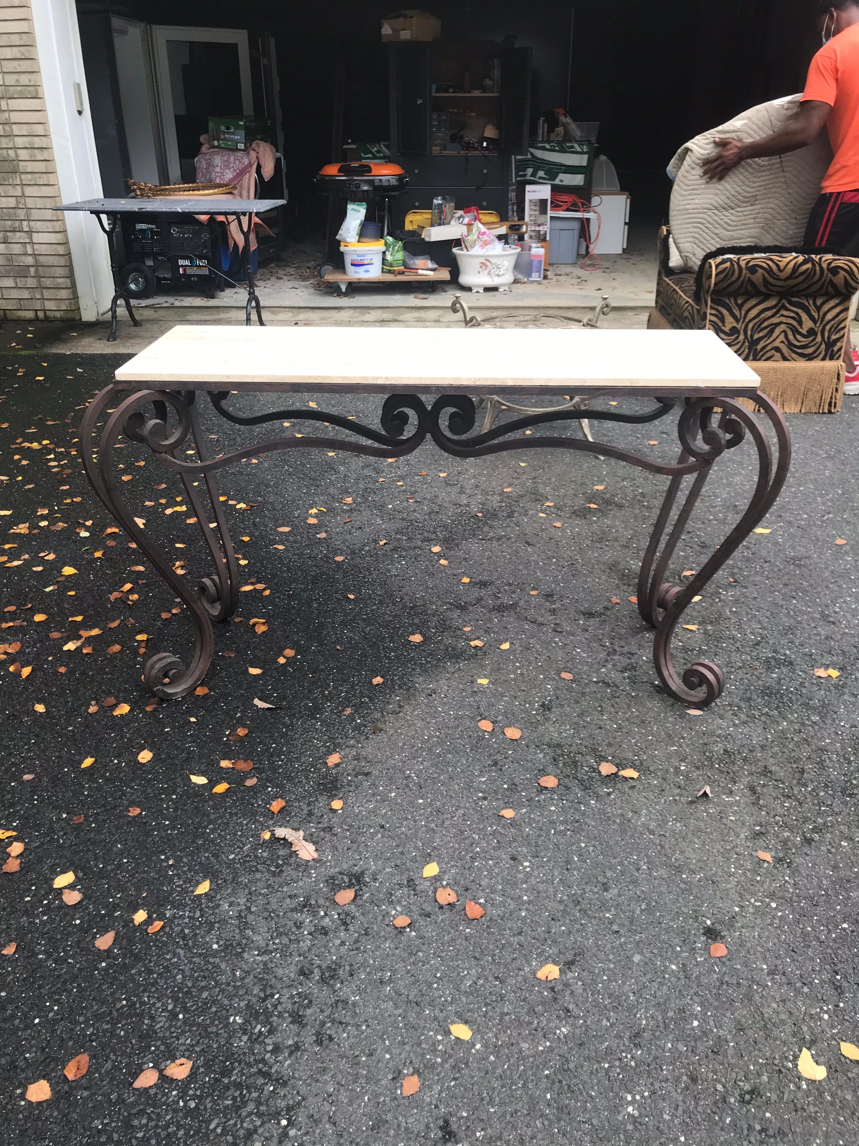 20th Century Wrought Iron and Stone Console Table For Sale