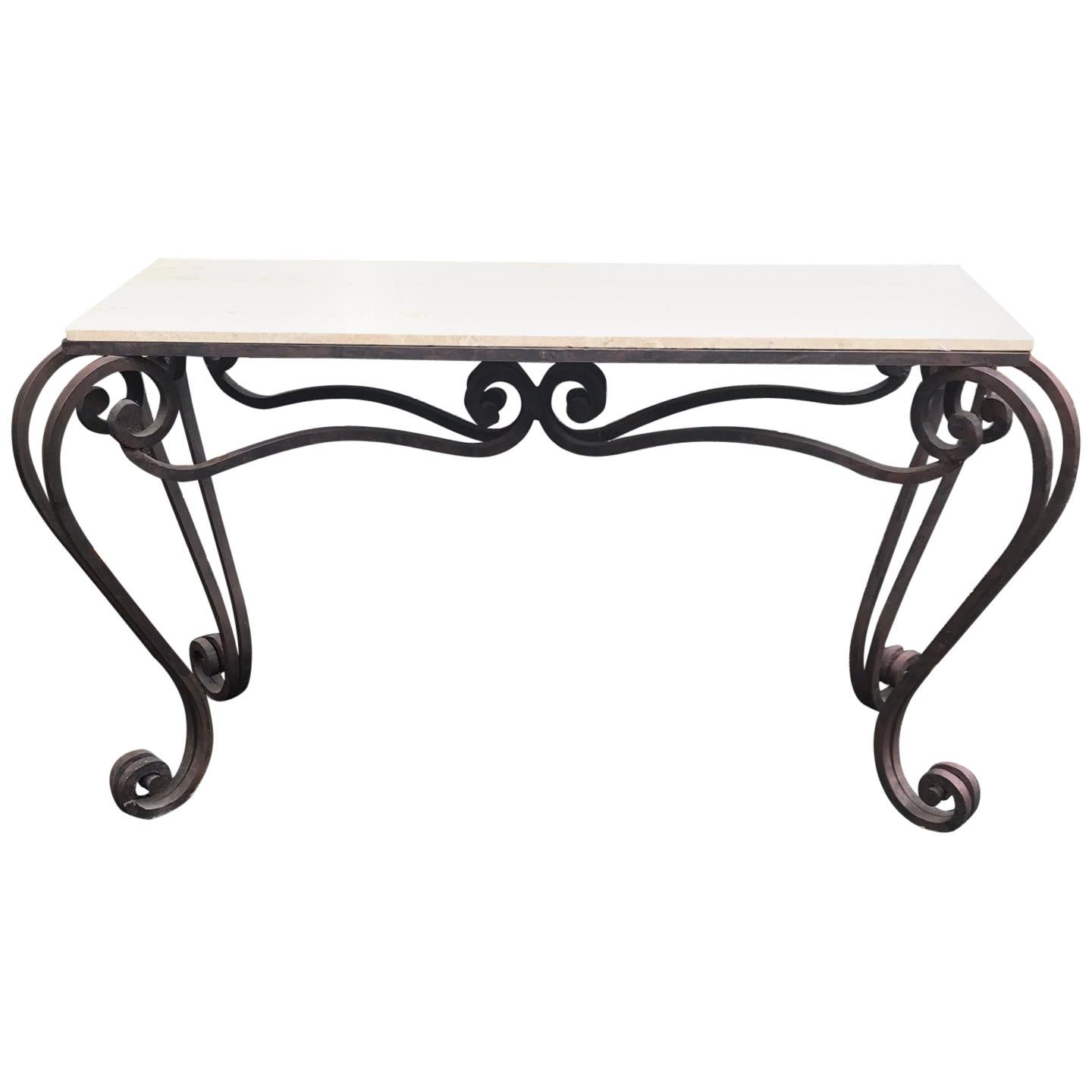 Wrought Iron and Stone Console Table For Sale