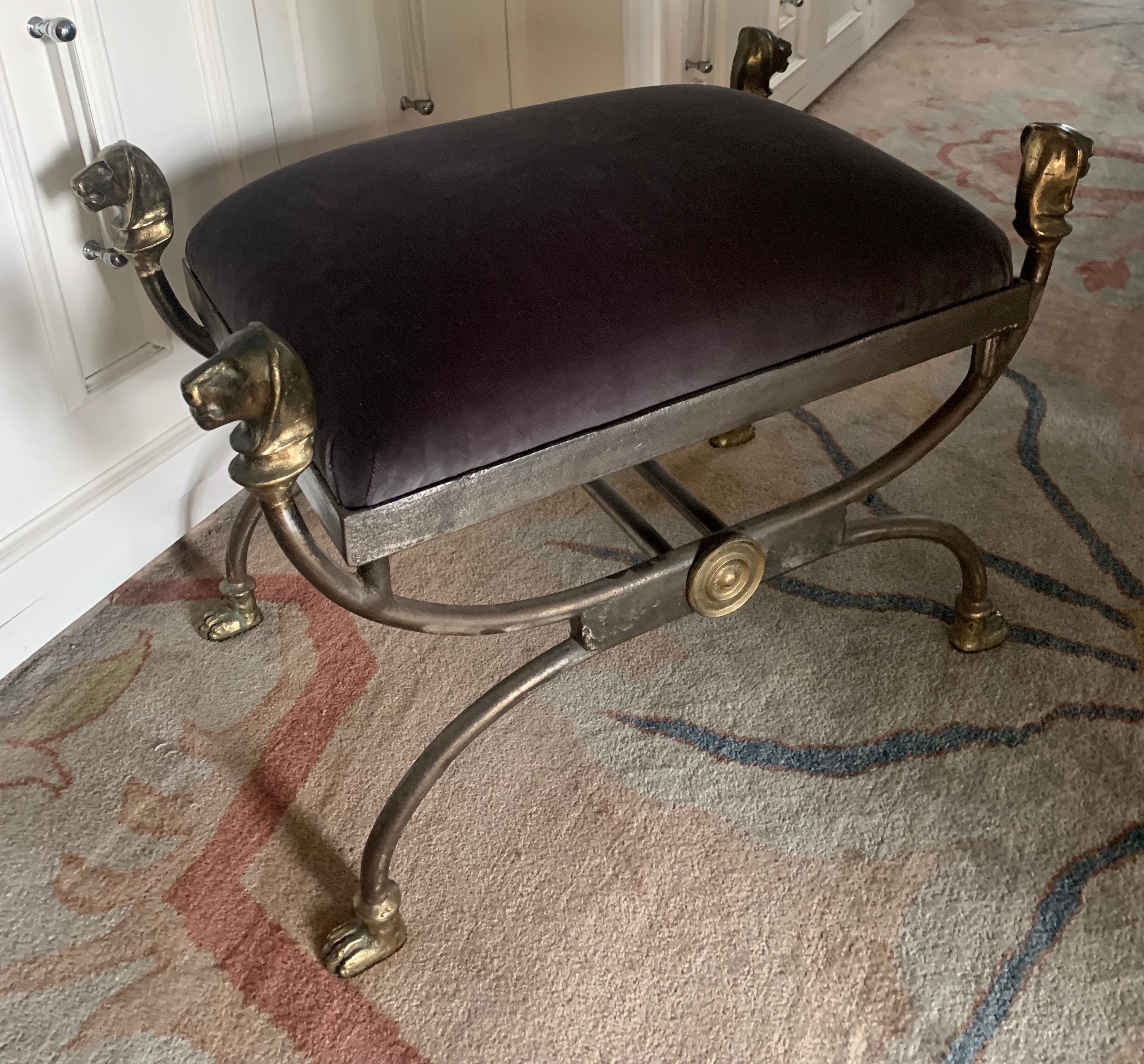 Mid-Century Modern Wrought Iron Giacometti  Style Stool with Bronze Finials and Feet For Sale