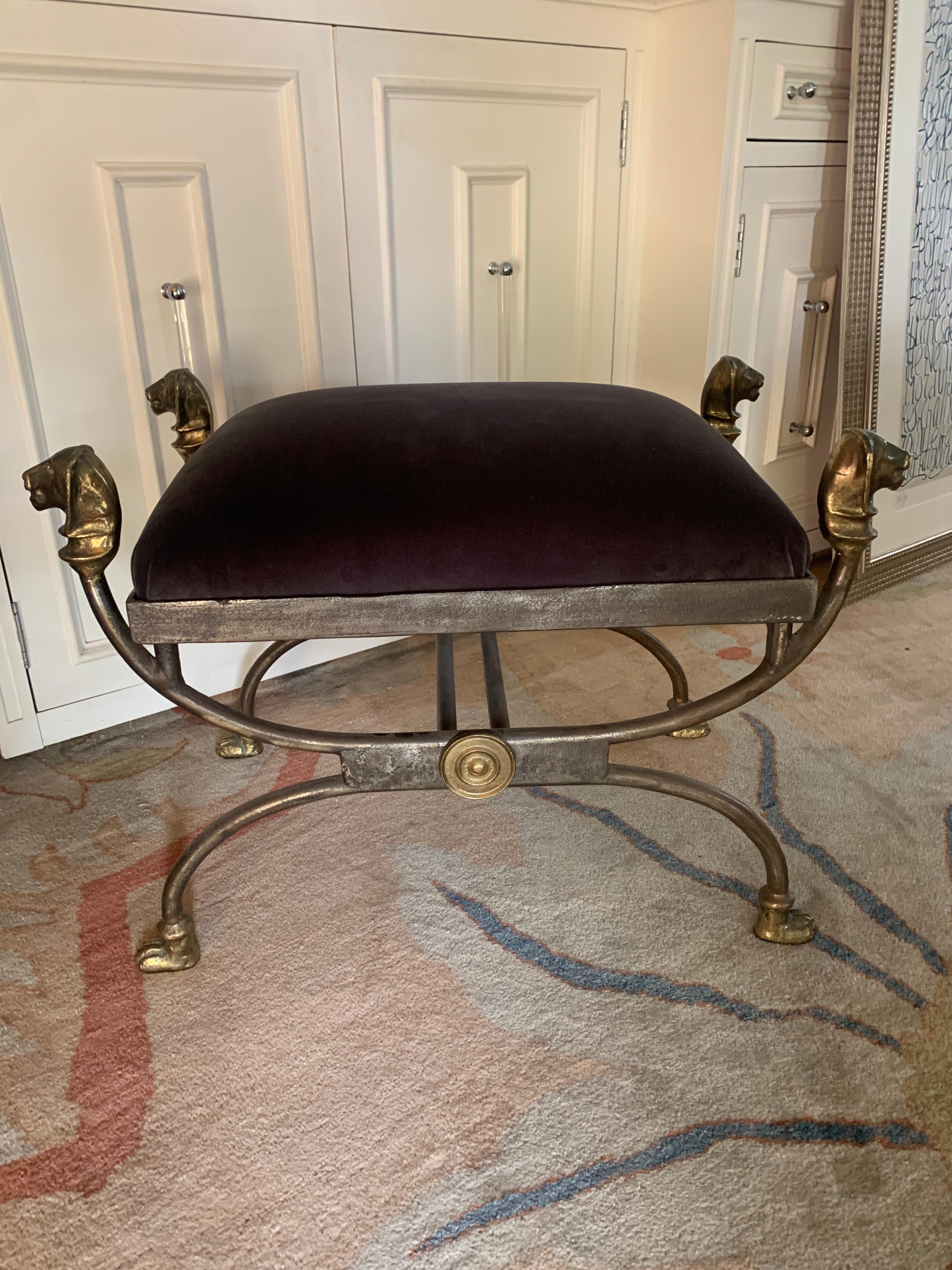 Wrought Iron Giacometti  Style Stool with Bronze Finials and Feet In Good Condition For Sale In Los Angeles, CA