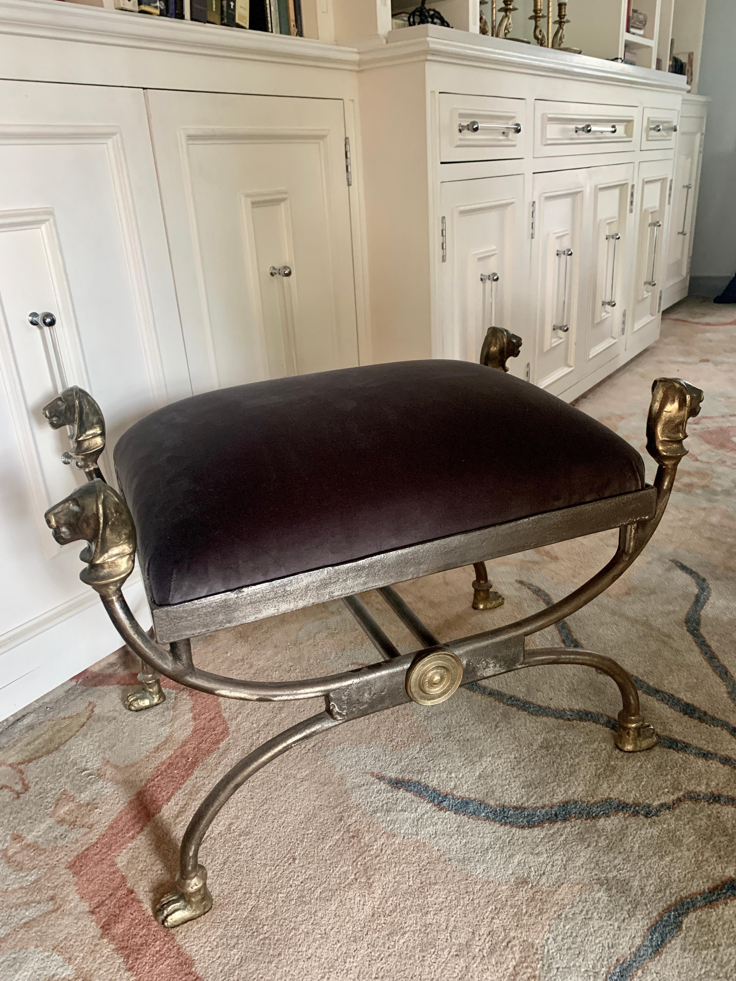 20th Century In the Style of Giacometti Wrought Iron Stool with Bronze Finials and Feet