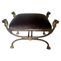 In the Style of Giacometti Wrought Iron Stool with Bronze Finials and Feet