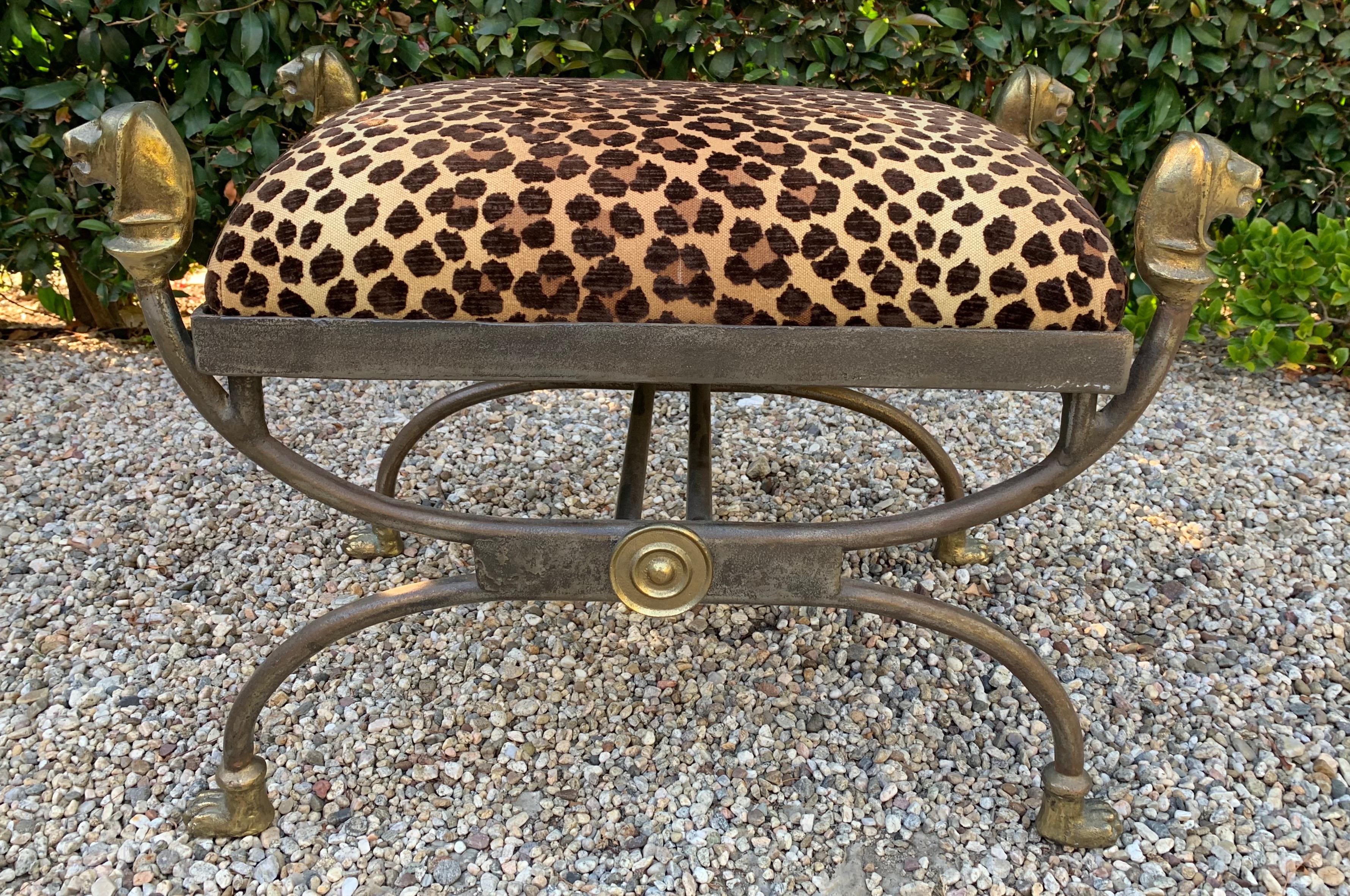 Giacometti Style Wrought Iron Stool with Bronze Finials, Medallions and Feet In Good Condition For Sale In Los Angeles, CA