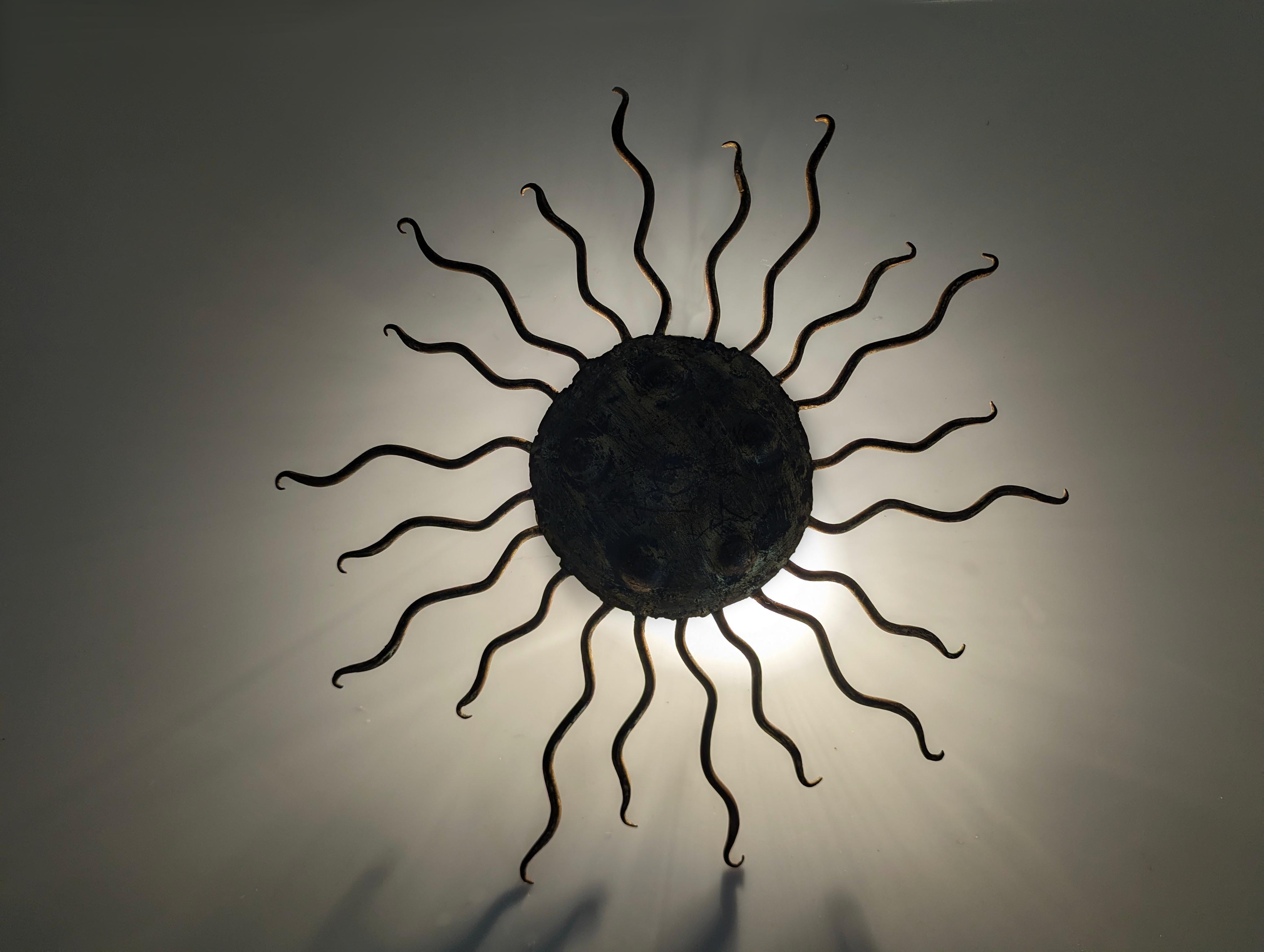 Wrought Iron Sunburst Ceiling Light, Gilbert Poillerat Style, 1940s In Good Condition In Benalmadena, ES