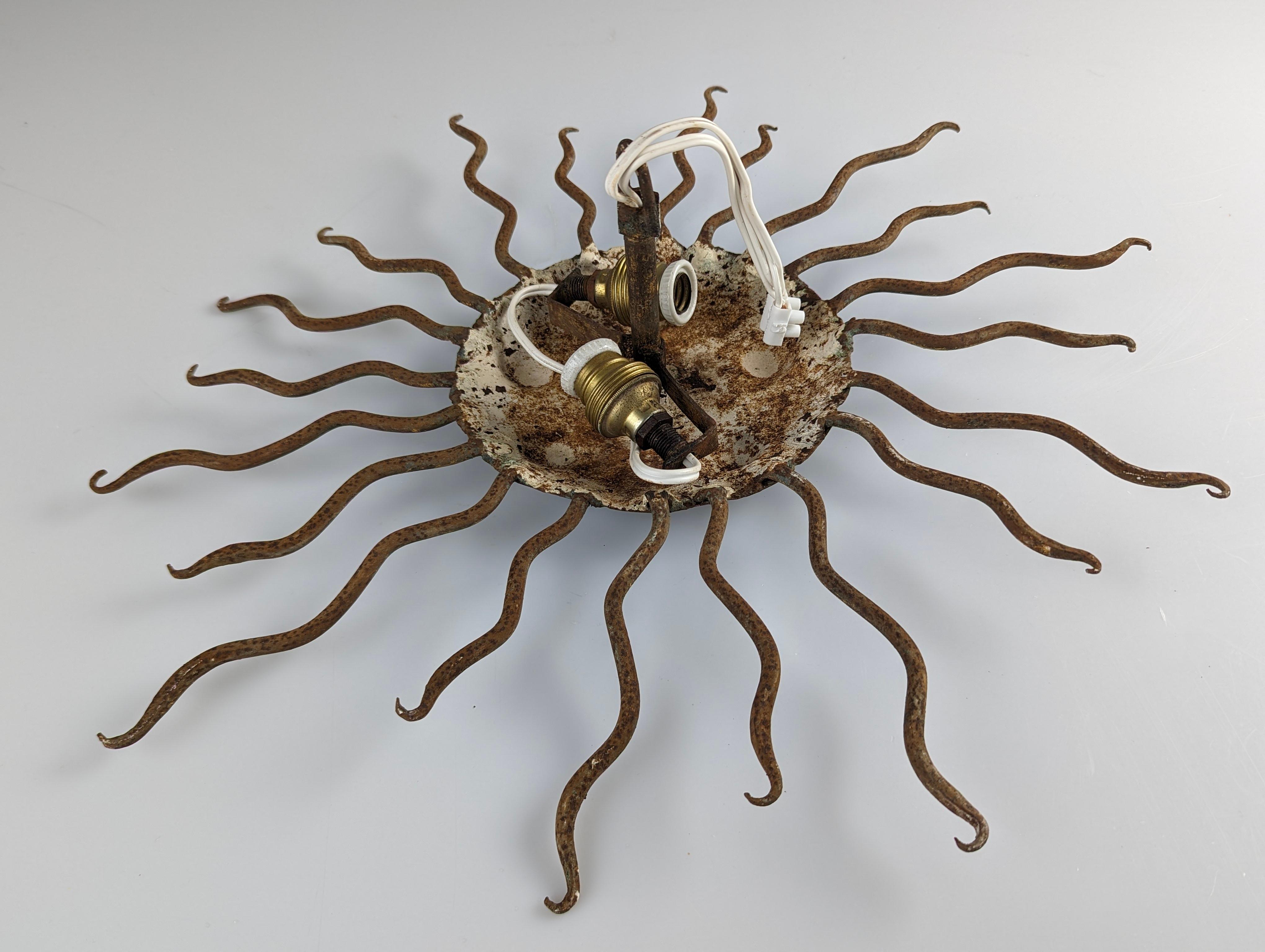 Wrought Iron Sunburst Ceiling Light, Gilbert Poillerat Style, 1940s 1