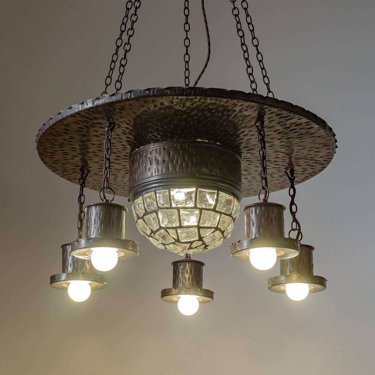 Plated Wrought Iron Suspension Chandelier, circa 1920 For Sale