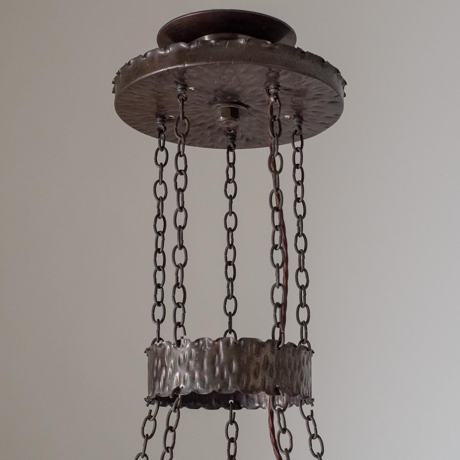 Glass Wrought Iron Suspension Chandelier, circa 1920 For Sale