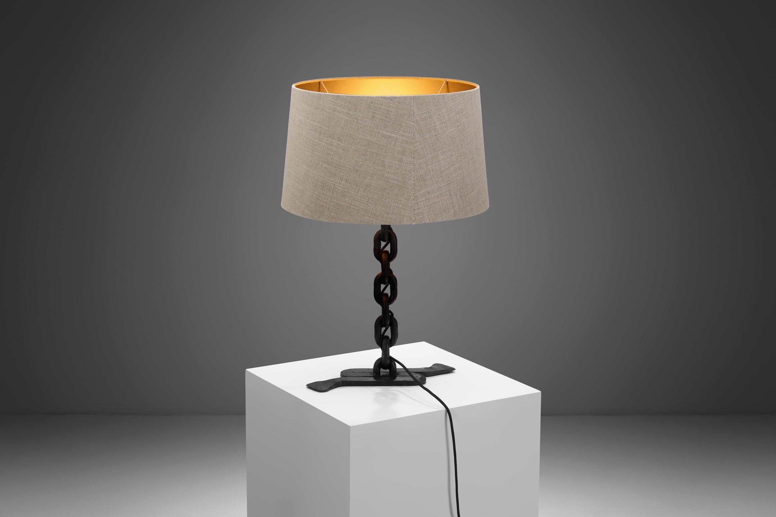 Fabric Wrought Iron Table Lamp with Chain Links, France 1960s For Sale