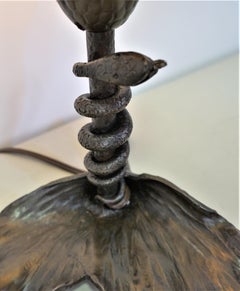 Wrought Iron Table Lamp with Snake Motif and Art Glass Shade by Daum