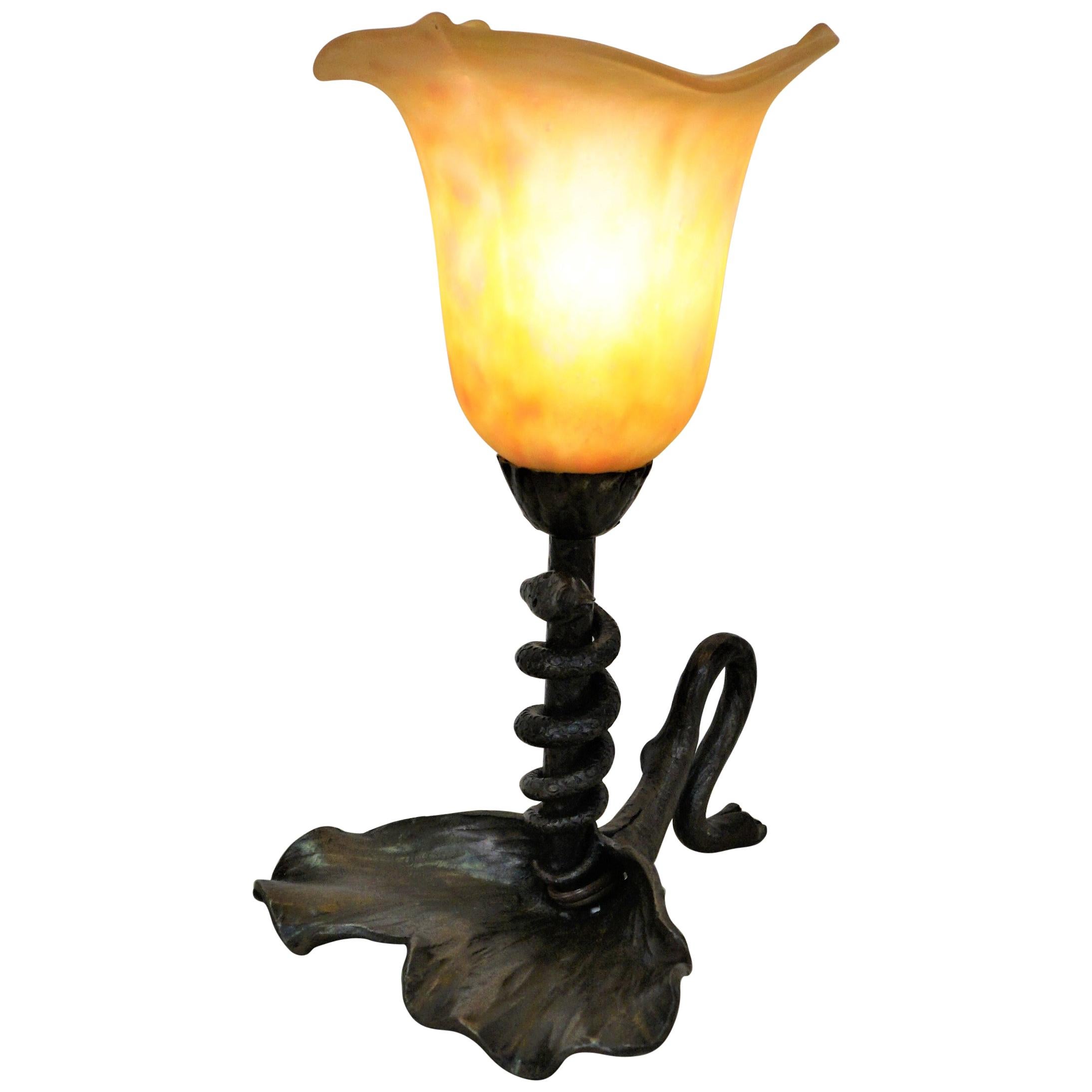 Wrought Iron Table Lamp with Snake Motif and Art Glass Shade by Daum