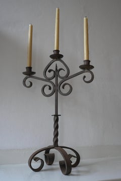 Wrought Iron Three-Arm Candleholder Hand forged by Blacksmith France 1920's