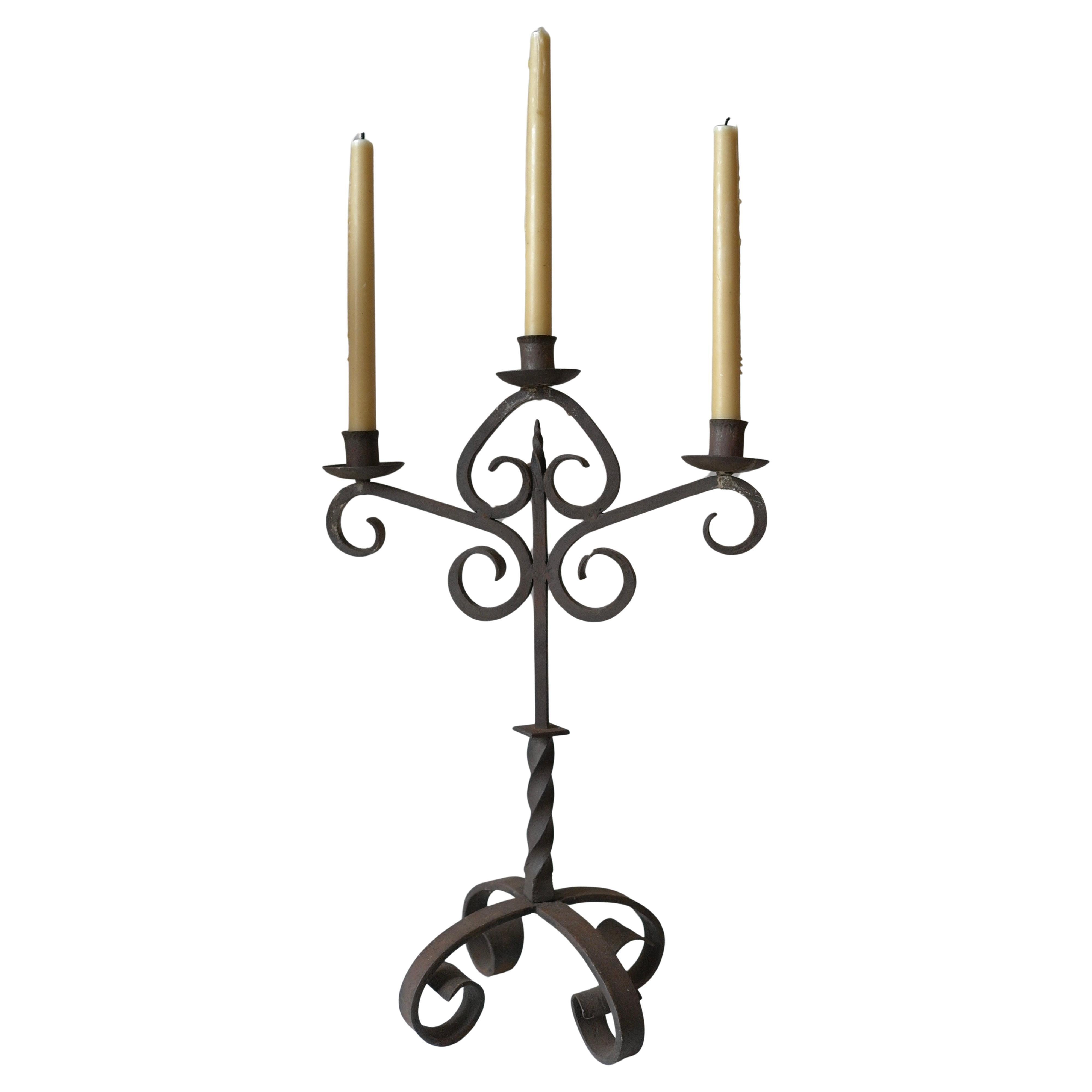 Wrought Iron Three-Arm Candleholder Hand forged by Blacksmith France 1920's
