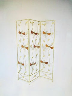 Wrought iron three panel folding screen with bumblebee insect decoration