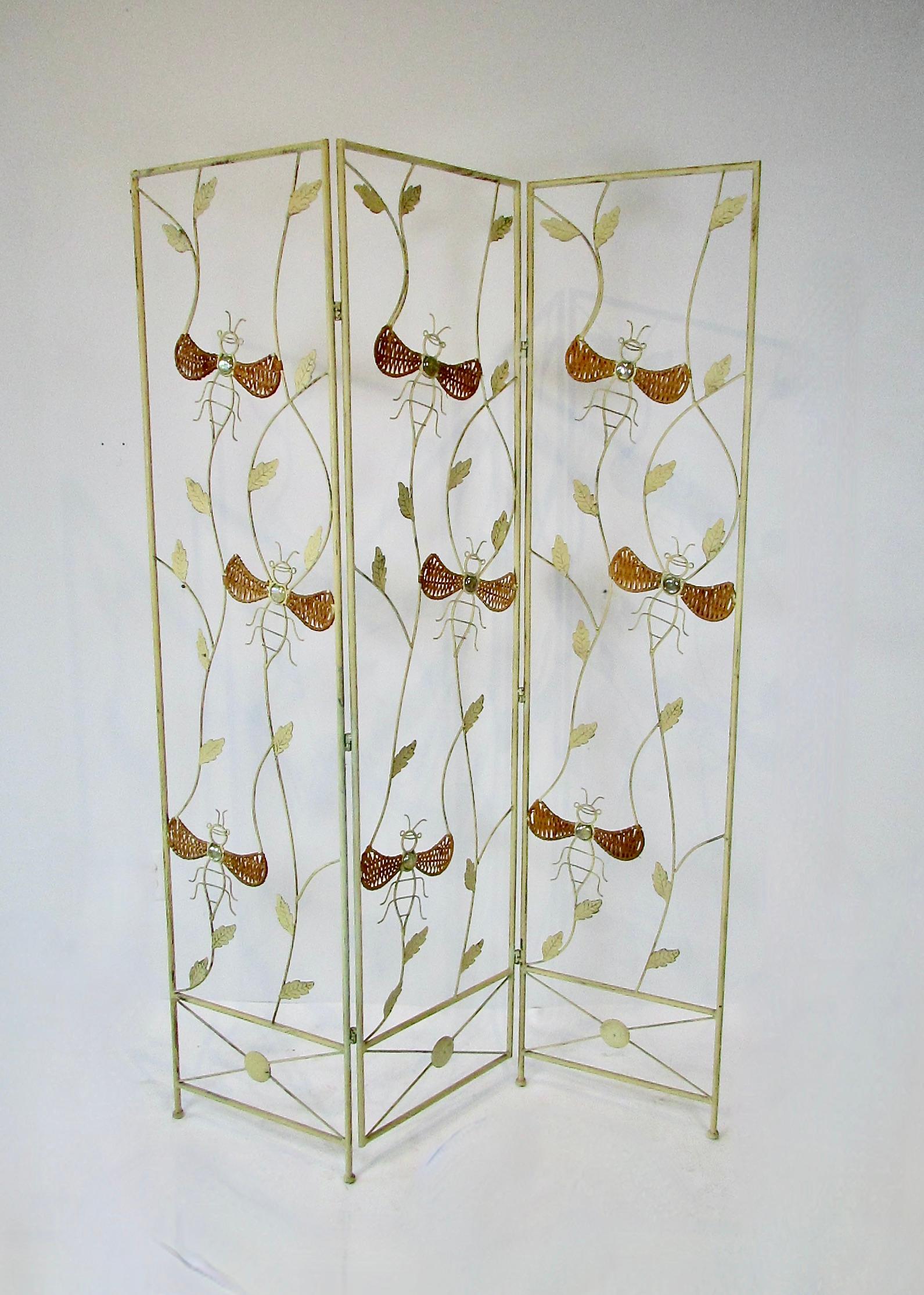Mid-Century Modern Wrought iron three panel folding screen with bumblebee insect decoration For Sale