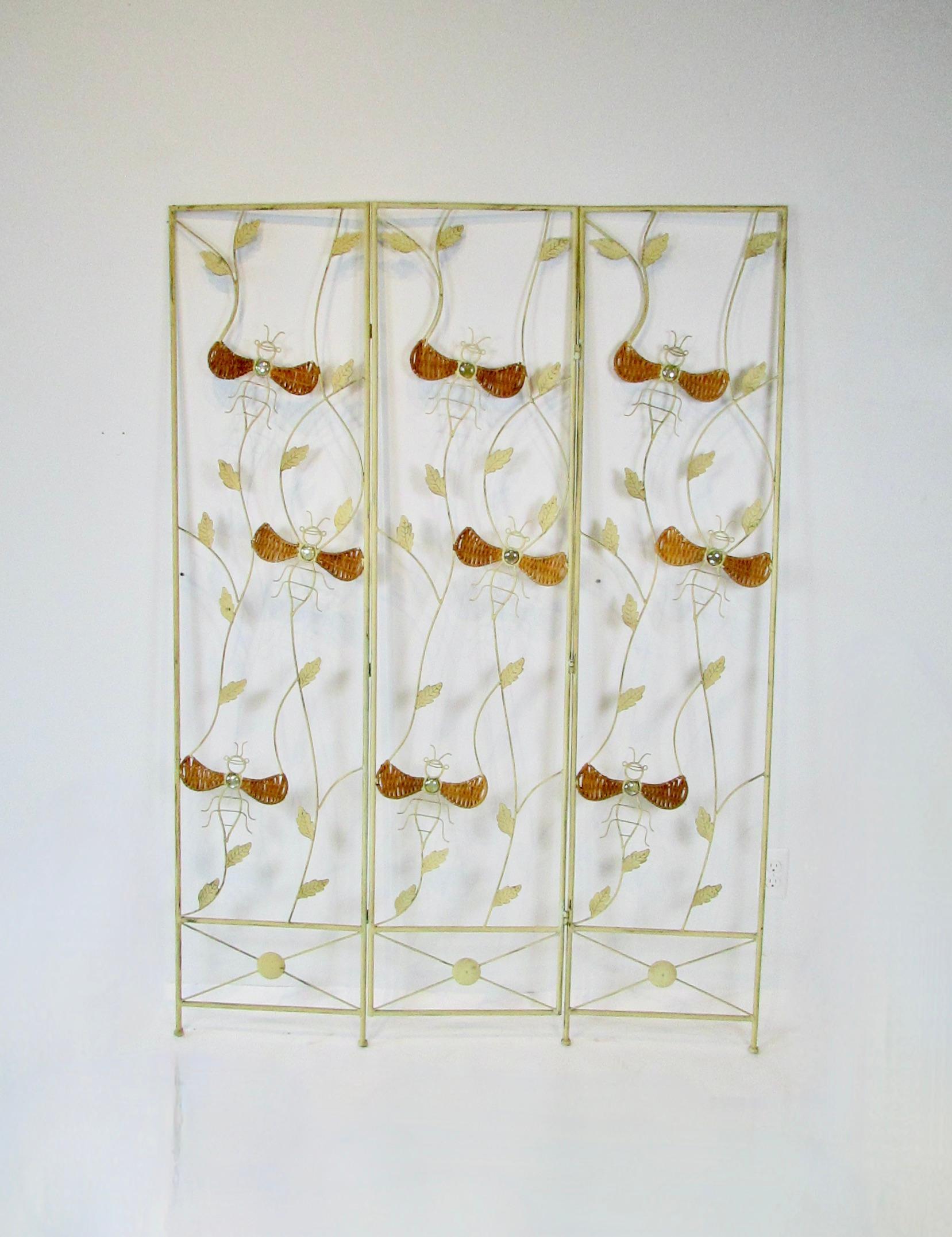 American Wrought iron three panel folding screen with bumblebee insect decoration For Sale