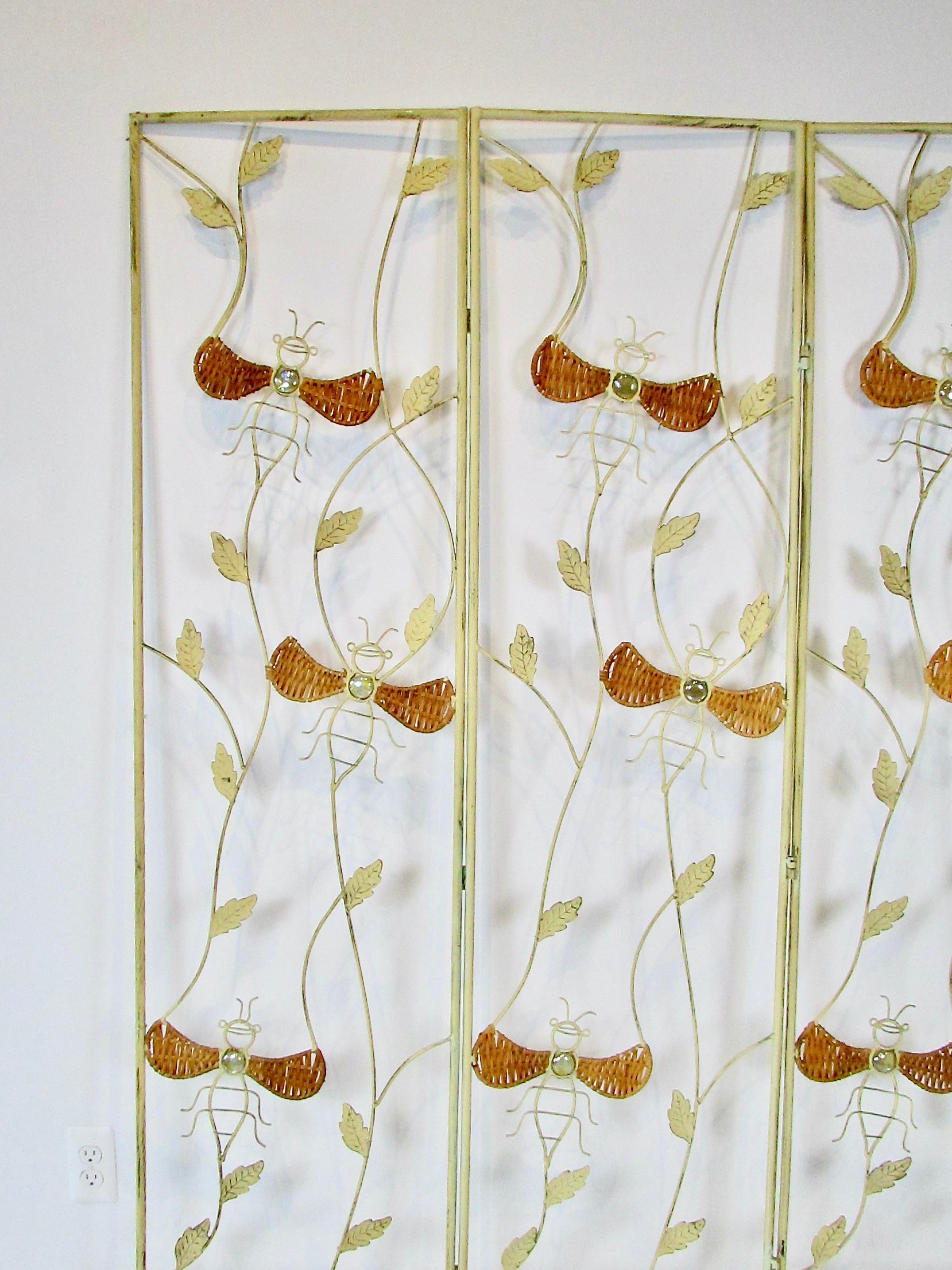 20th Century Wrought iron three panel folding screen with bumblebee insect decoration For Sale