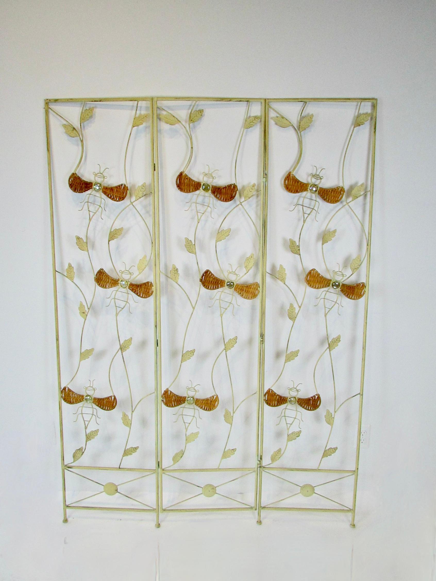 Cane Wrought iron three panel folding screen with bumblebee insect decoration For Sale
