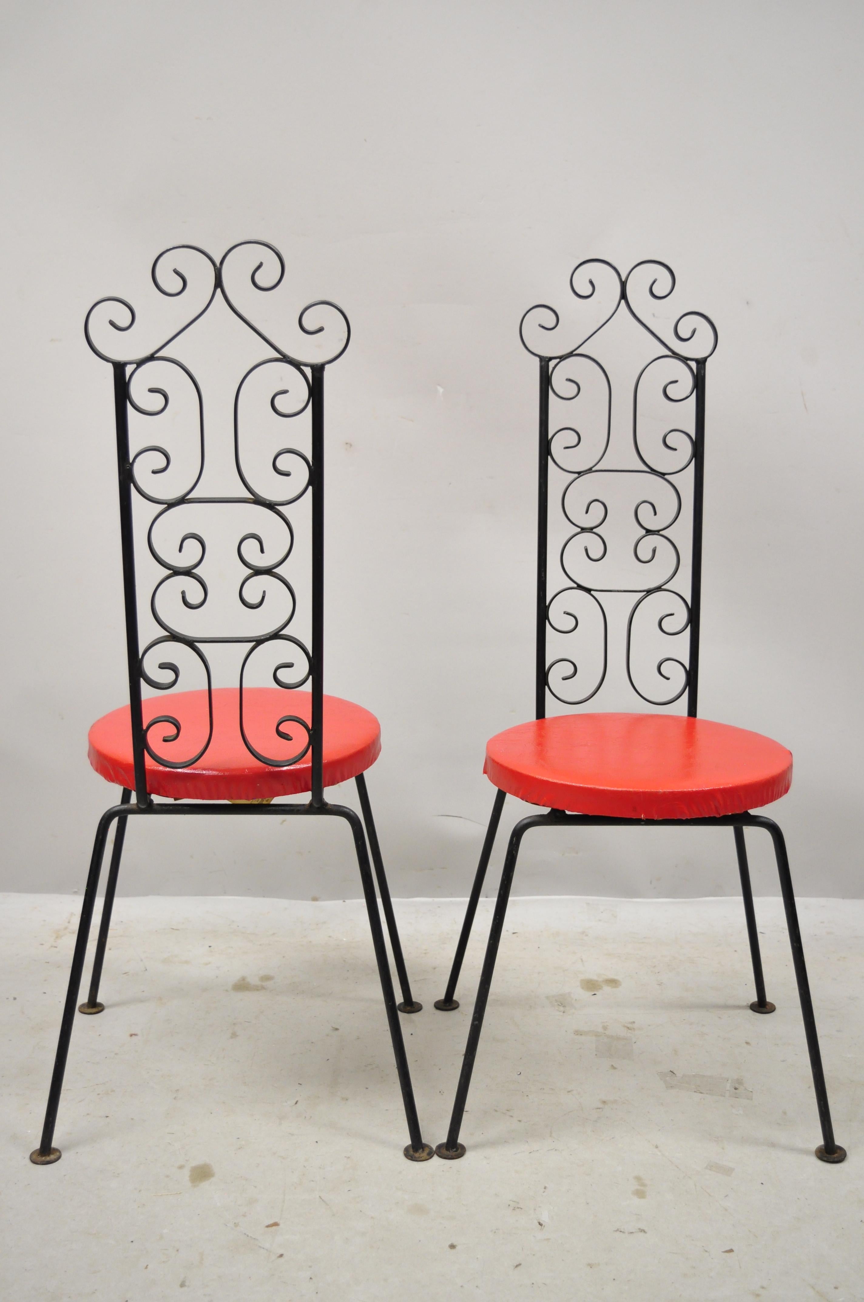 North American Wrought Iron Tip Top Equipment Salterini Style Scrolling Side Chairs, a Pair For Sale