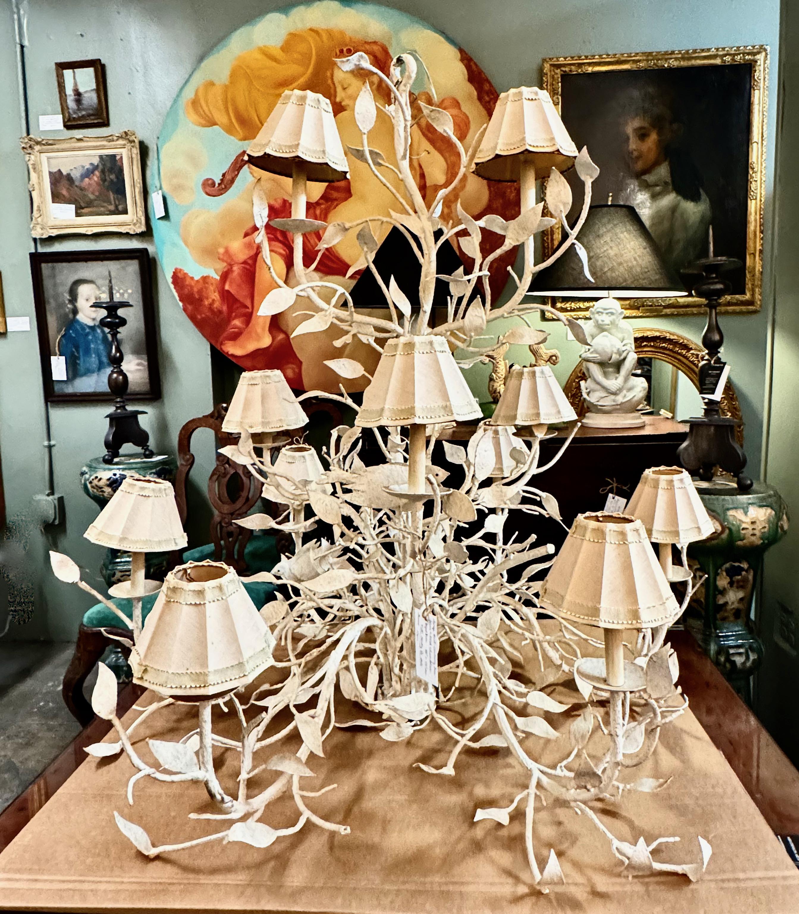 This a large and very unusual mid-20th century tree branch form with roosting birds chandelier. The chandelier mesures 48' in height and 41