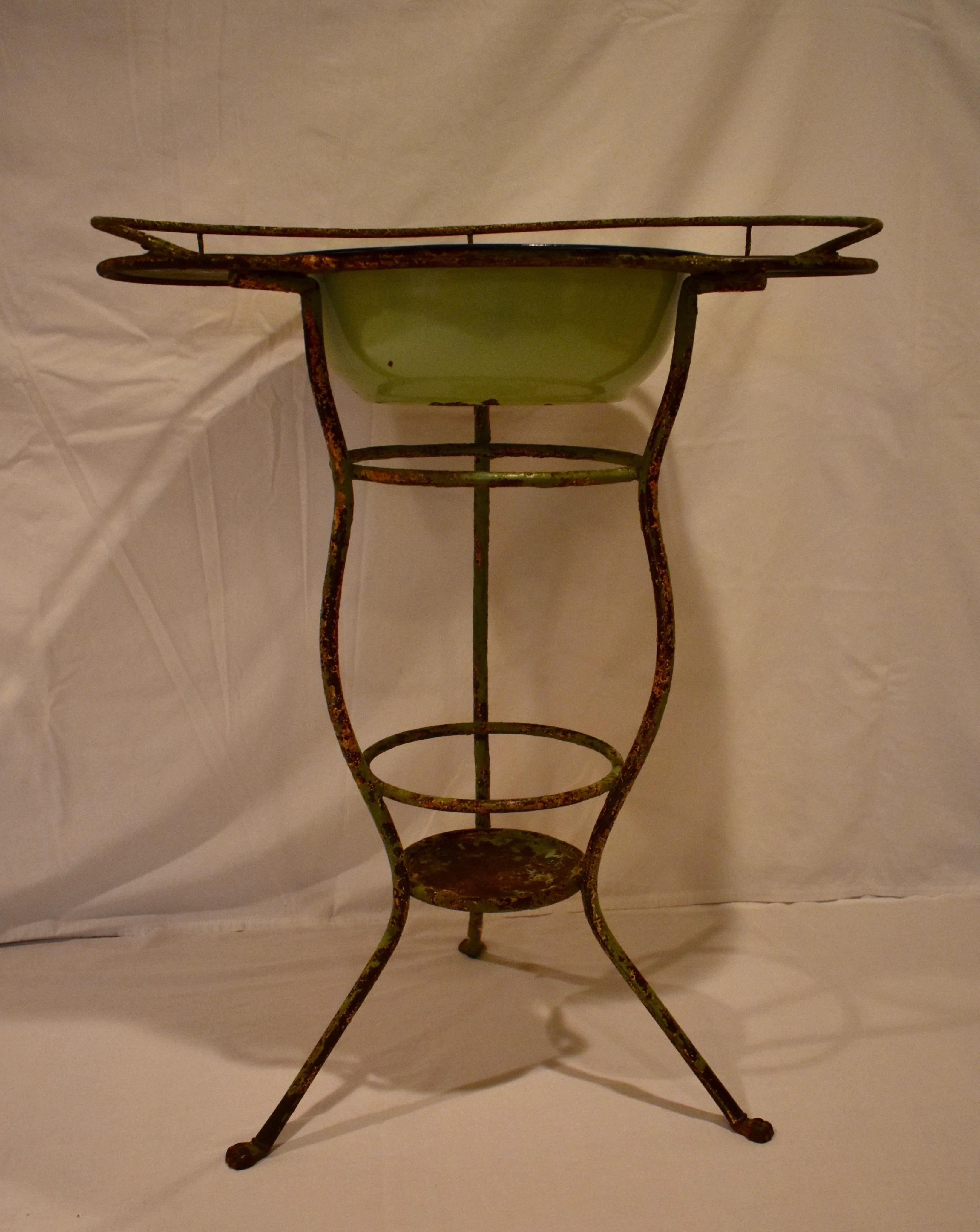 Wrought Iron Tripod Washstand with Enameled Copper Bowl For Sale 3