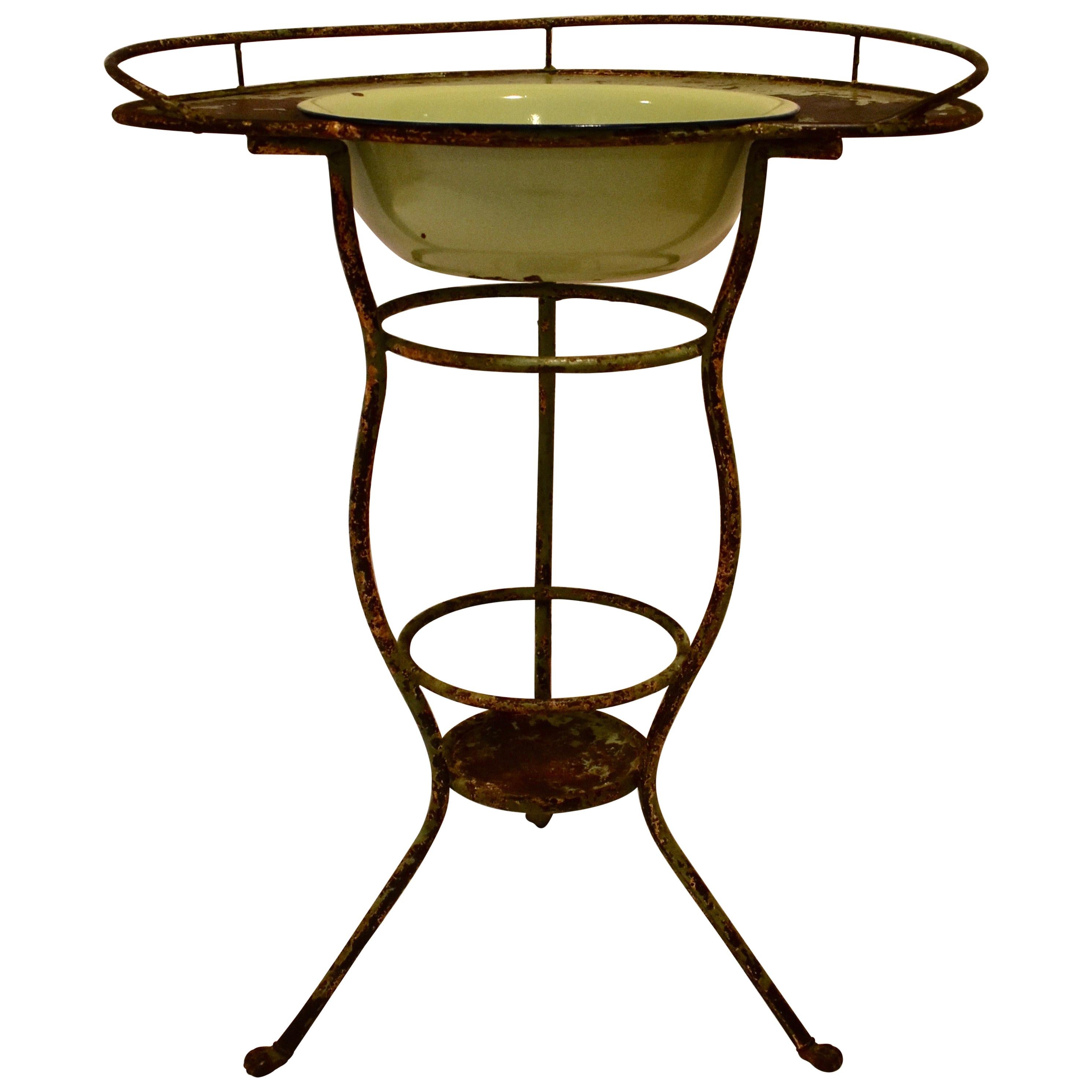 Wrought Iron Tripod Washstand with Enameled Copper Bowl For Sale