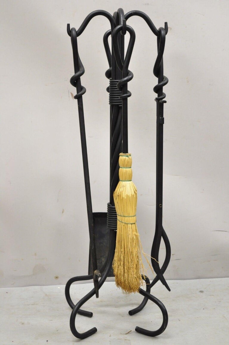 Wrought Iron Twisted Arts and Crafts Style Modern Fireplace Tool Set