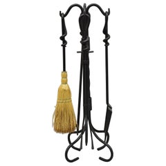 Vintage Wrought Iron Twisted Arts & Crafts Style Modern Fireplace Tool Set - 5pc Set