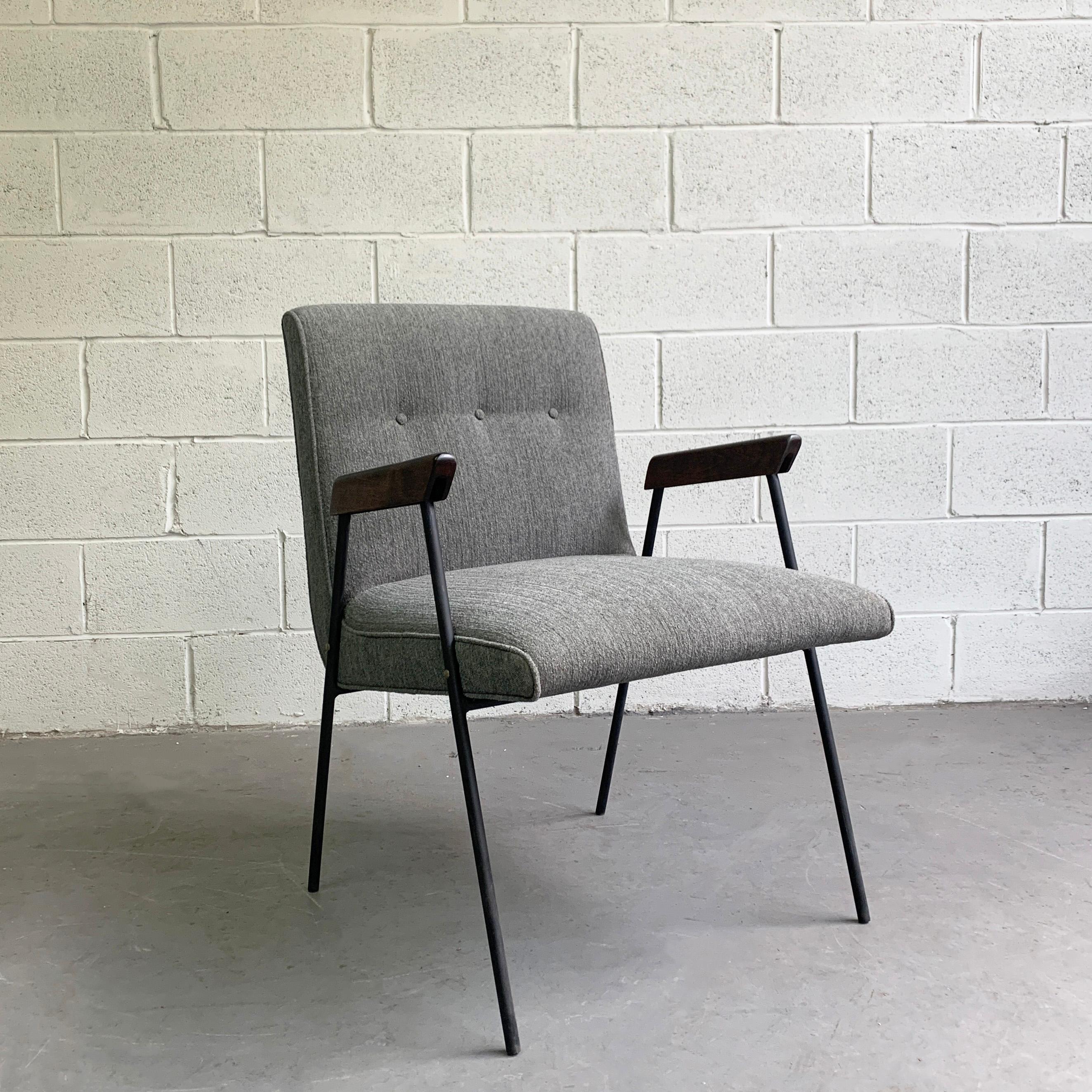 Mid-Century Modern armchair attributed to Milo Baughman for Pacific Iron features a gray/blue chenille upholstered, scoop body with minimal wrought iron frame and walnut armrests.