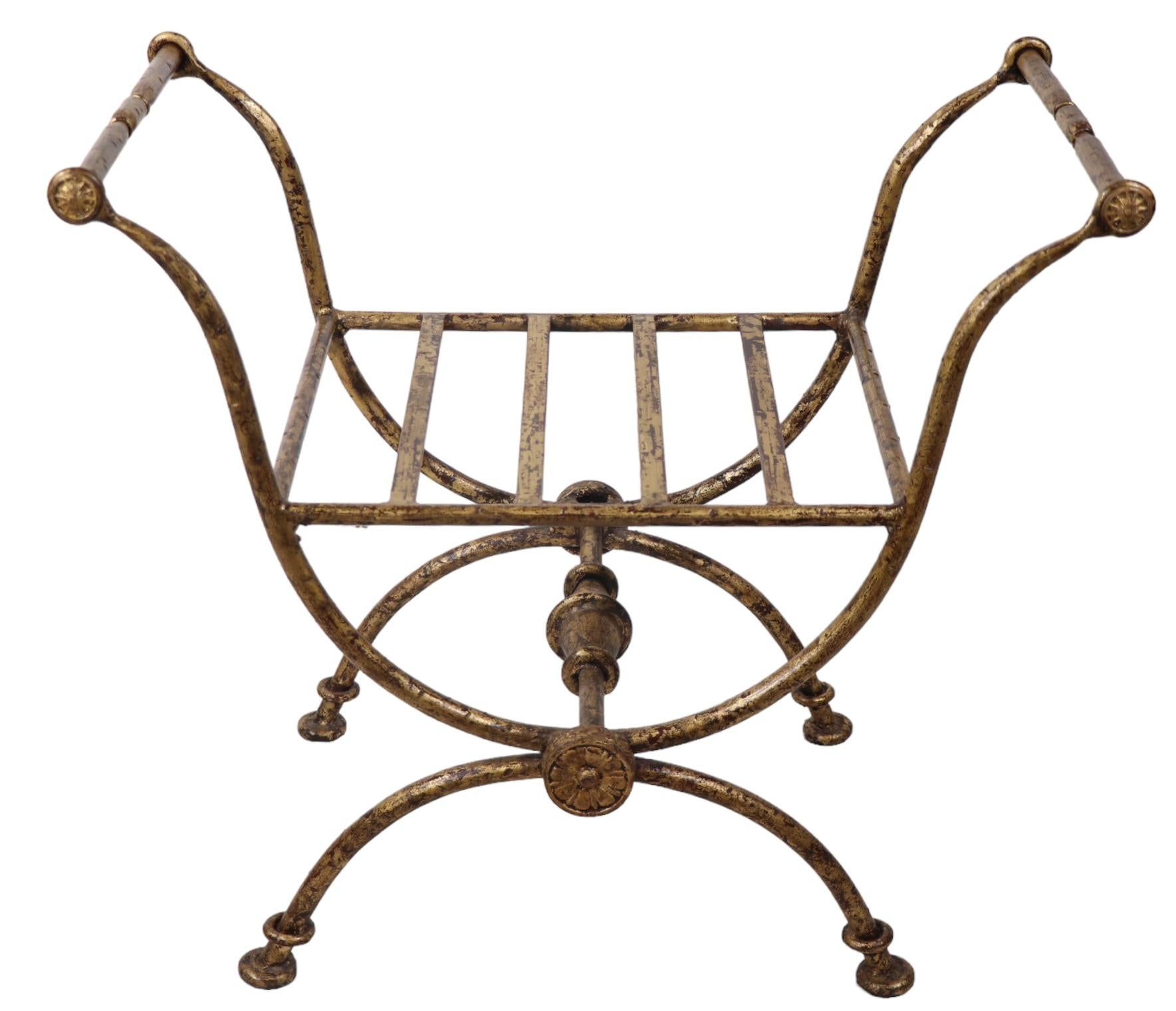 Hollywood Regency Wrought Iron Vanity Widow Bench in Faux Gilt Finish c 1940/1960's  For Sale