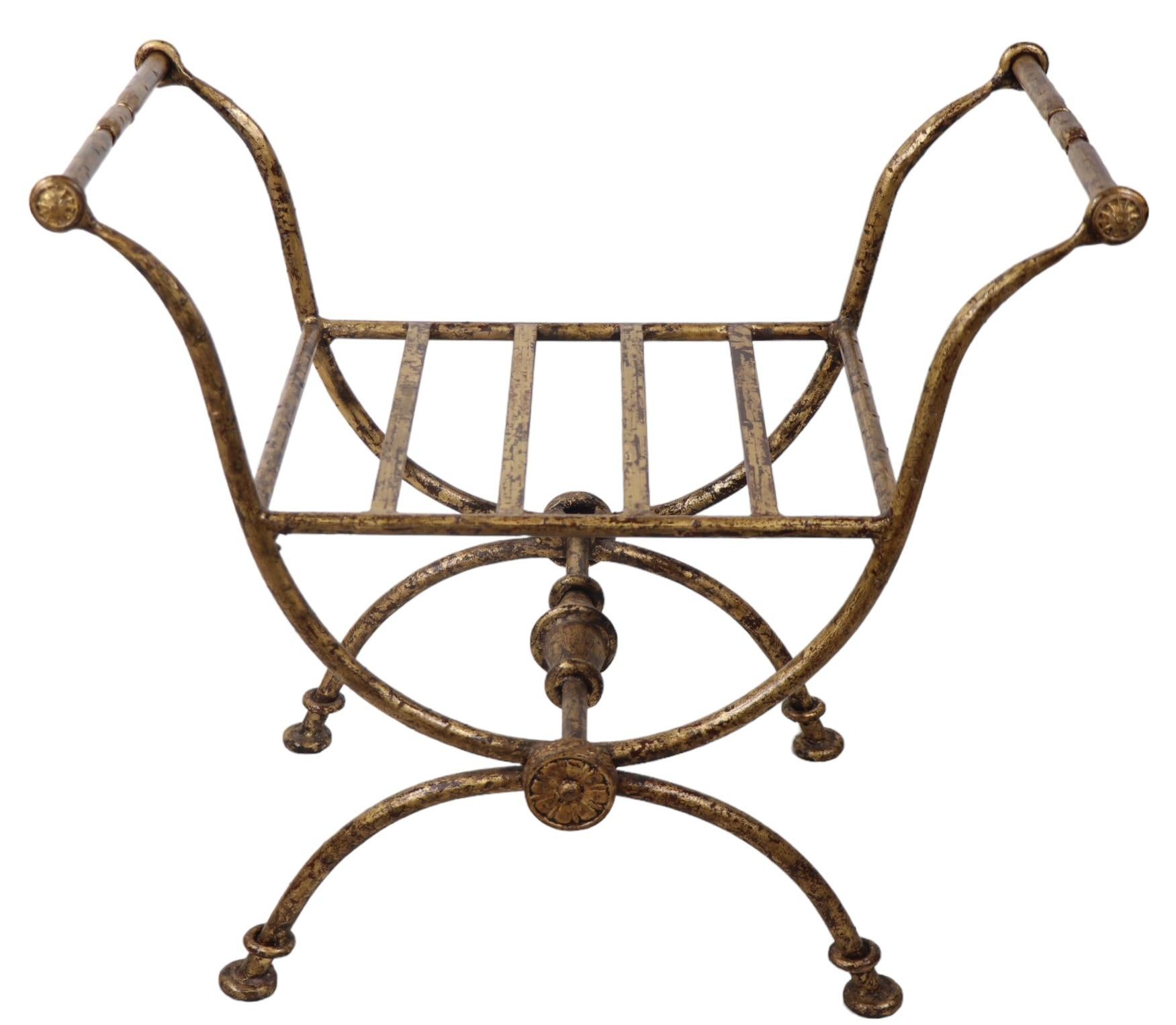 Italian Wrought Iron Vanity Widow Bench in Faux Gilt Finish c 1940/1960's  For Sale