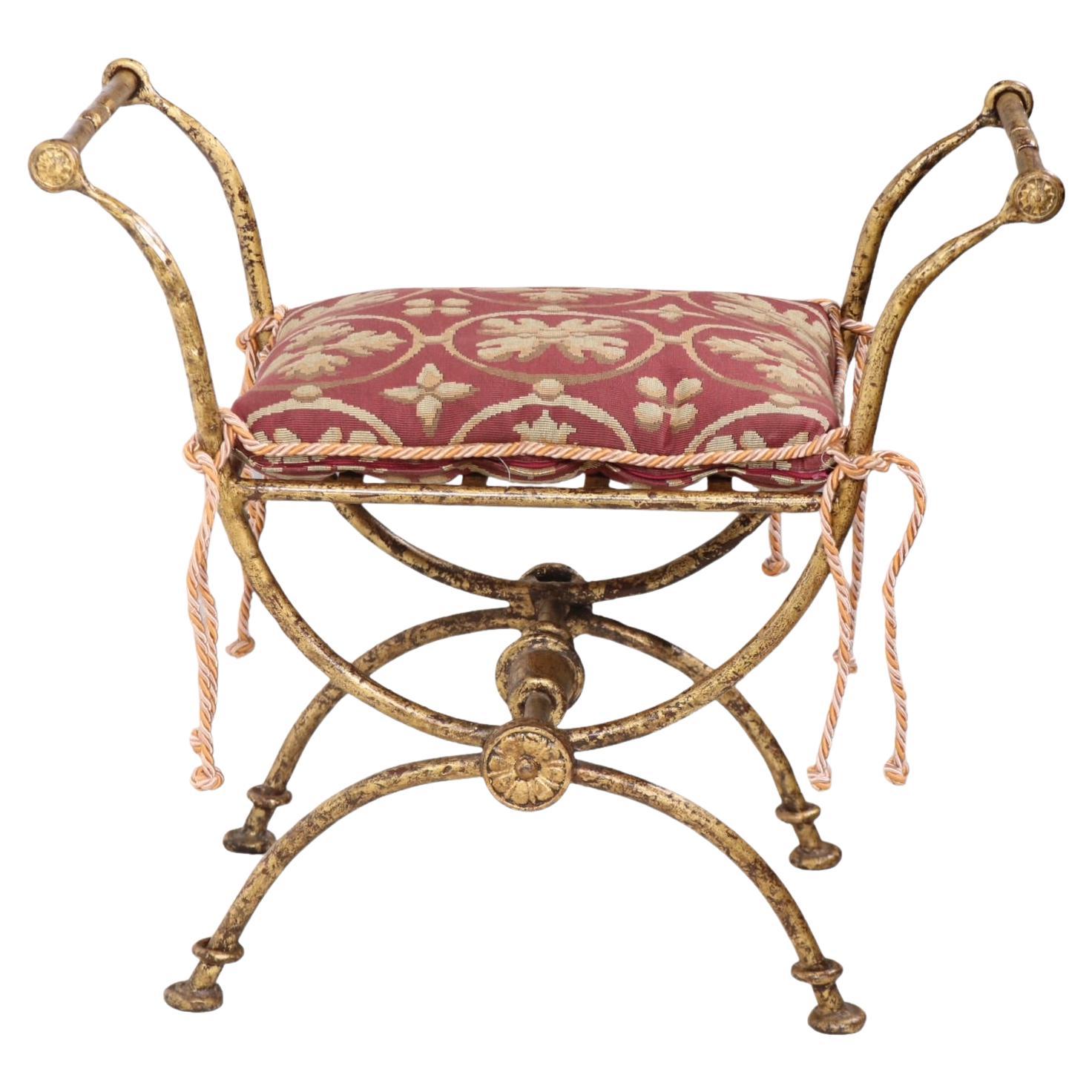 Wrought Iron Vanity Widow Bench in Faux Gilt Finish c 1940/1960's 