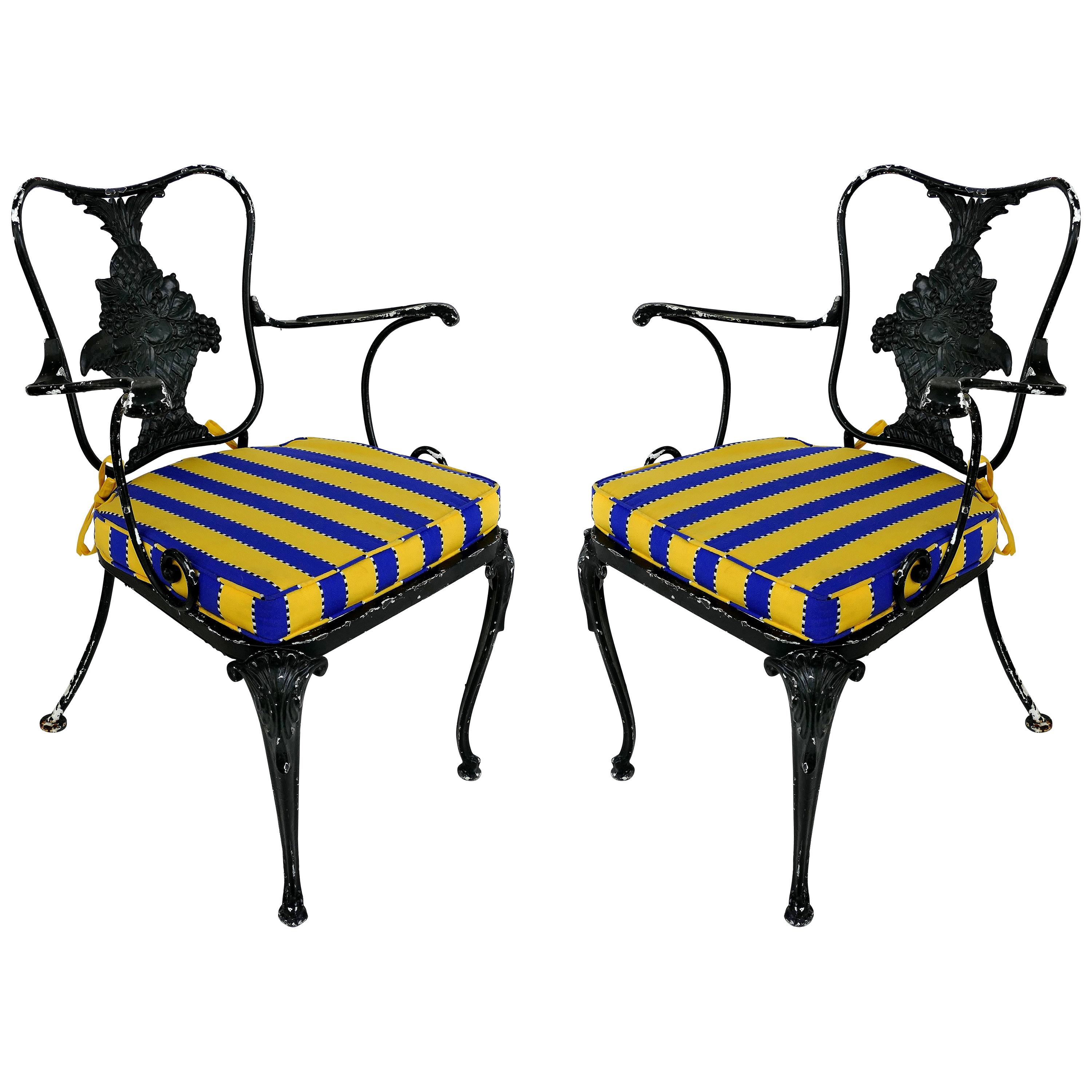 Wrought Iron Vintage Shabby Chic Garden Armchairs with Loose Seat