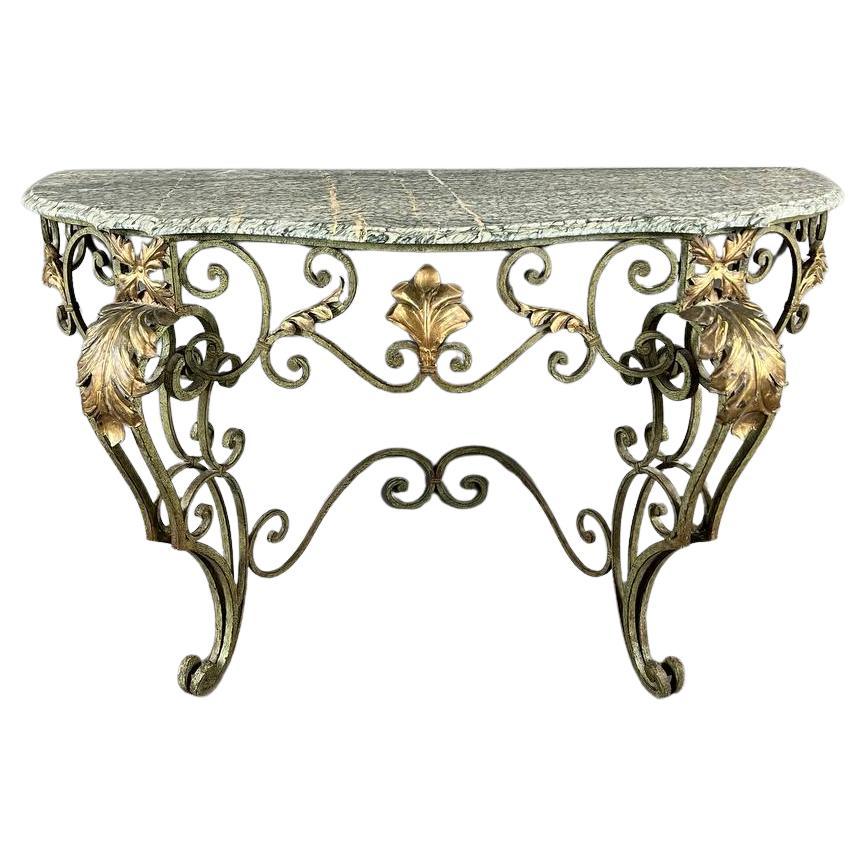 Wrought Iron Wall Console Table, Art Nouveau Style, Marble Top, 1920