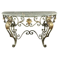 Wrought Iron Wall Console Table, Art Nouveau Style, Marble Top, 1920