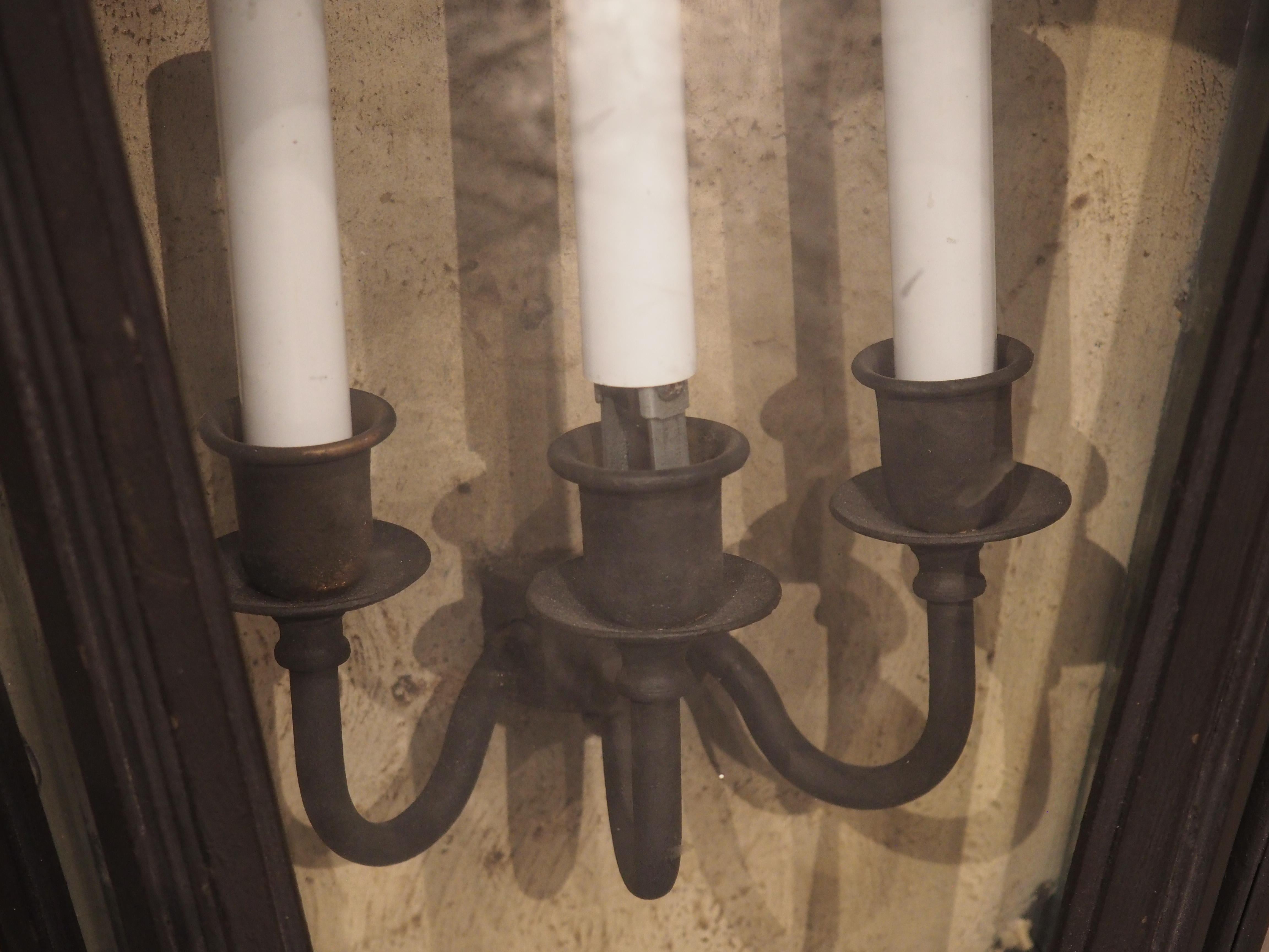 Contemporary Wrought Iron Wall Lantern with Glass Enclosed 3-Arm Sconce For Sale