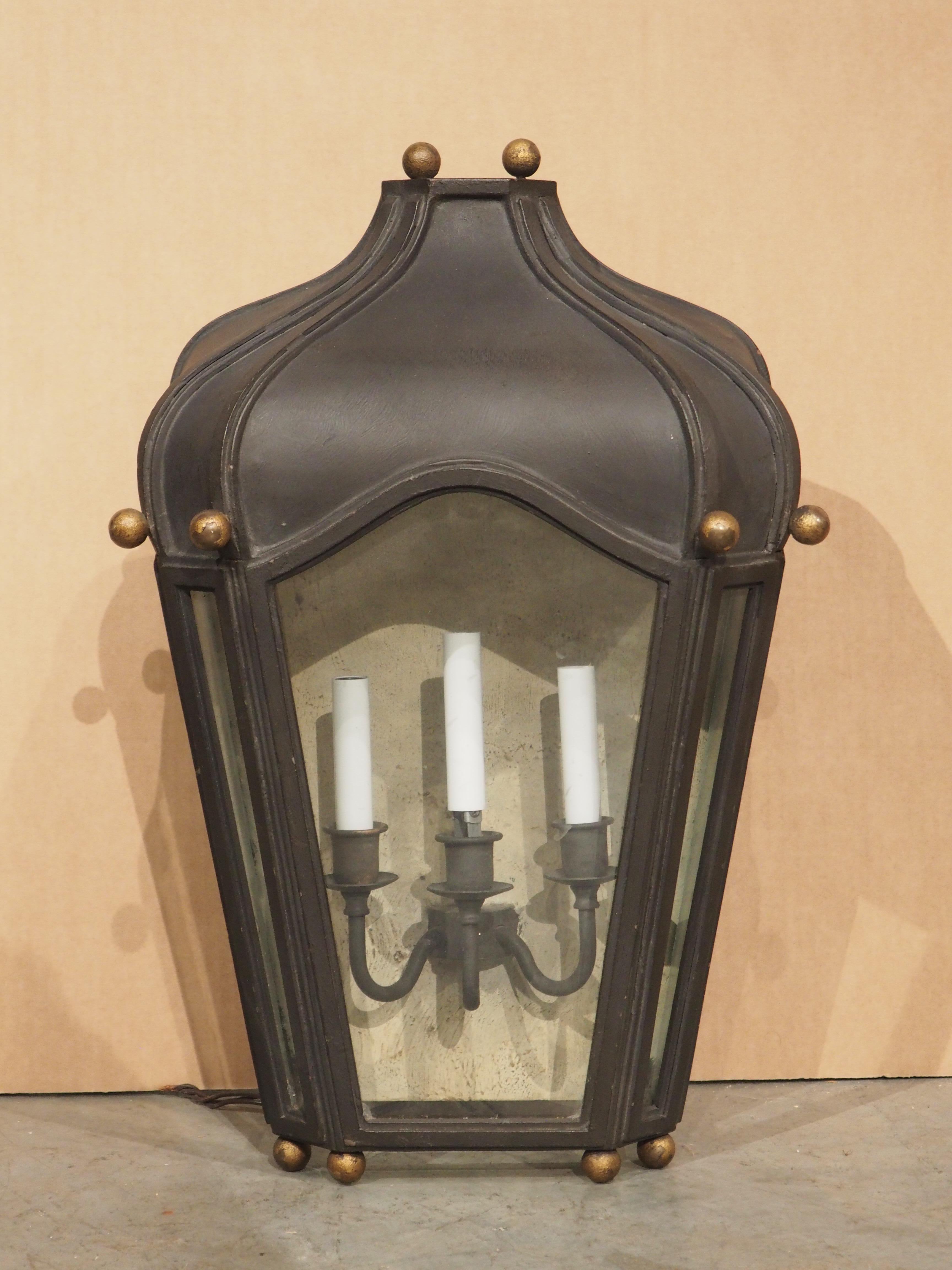 Wrought Iron Wall Lantern with Glass Enclosed 3-Arm Sconce For Sale 1