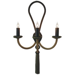 Wrought Iron Wall Sconce Wrapped in Green Passementerie, Silk Cords