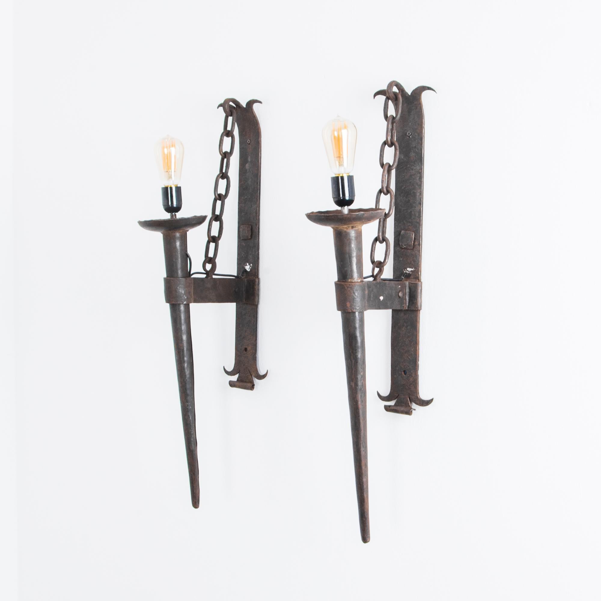 Medieval Wrought Iron Wall Sconces, a Pair