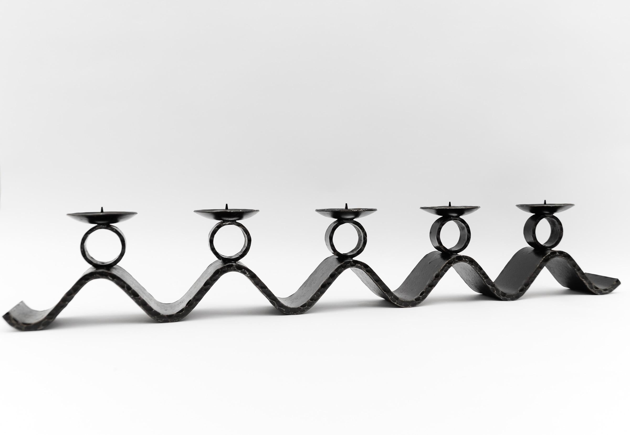 Austrian Wrought Iron WAVE Handmade Artist Brutalist Candleholder, 1960s Austria For Sale