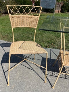 Wrought Iron & Wicker Brown Glass Top Pale Yellow Kitchen Patio Table & 2 Chairs